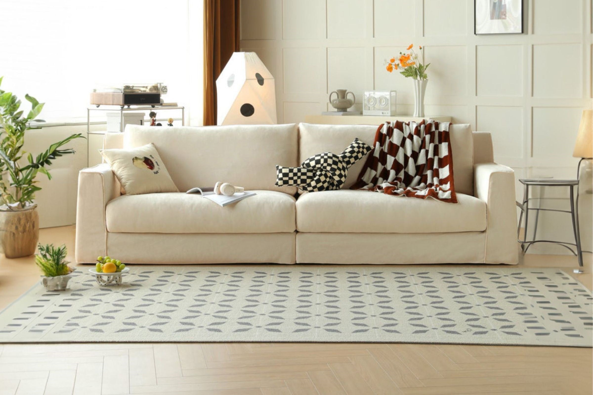 Comfort white fabric sofa in living room