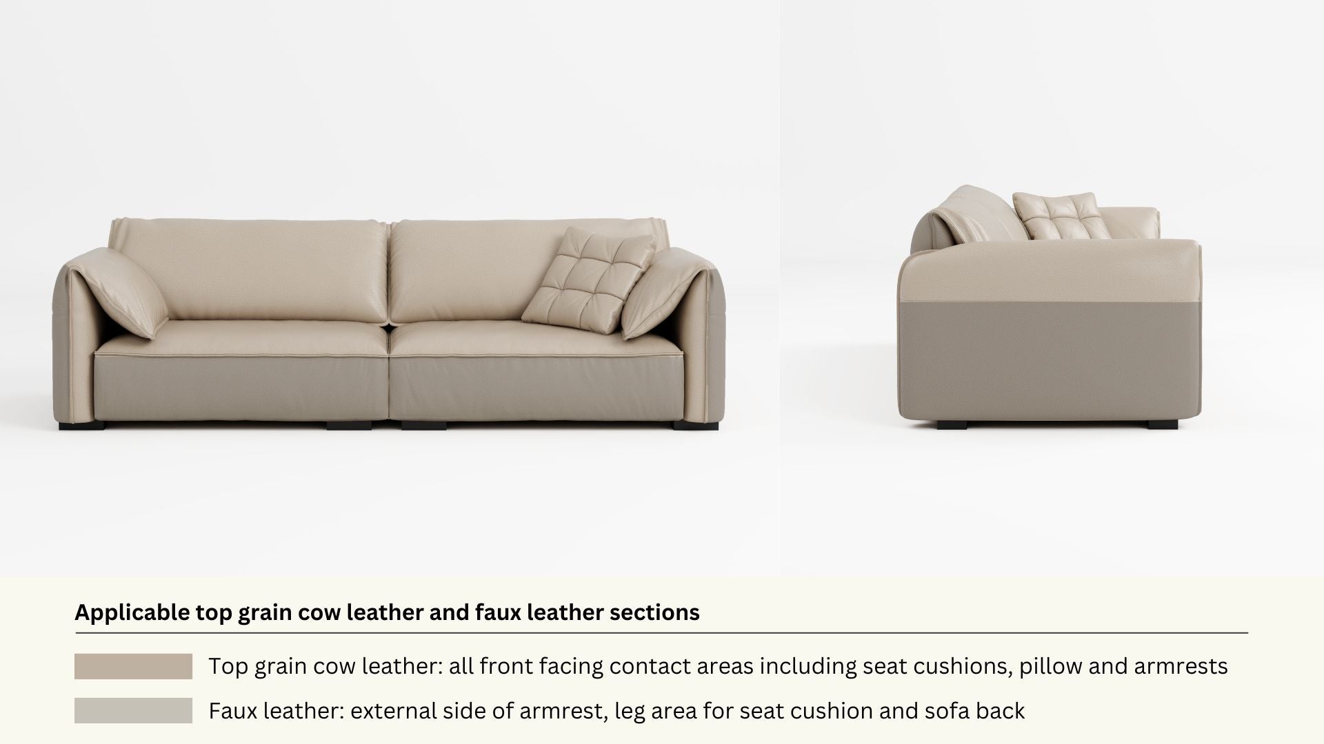 Faux leather and real leather components within a half leather sofa