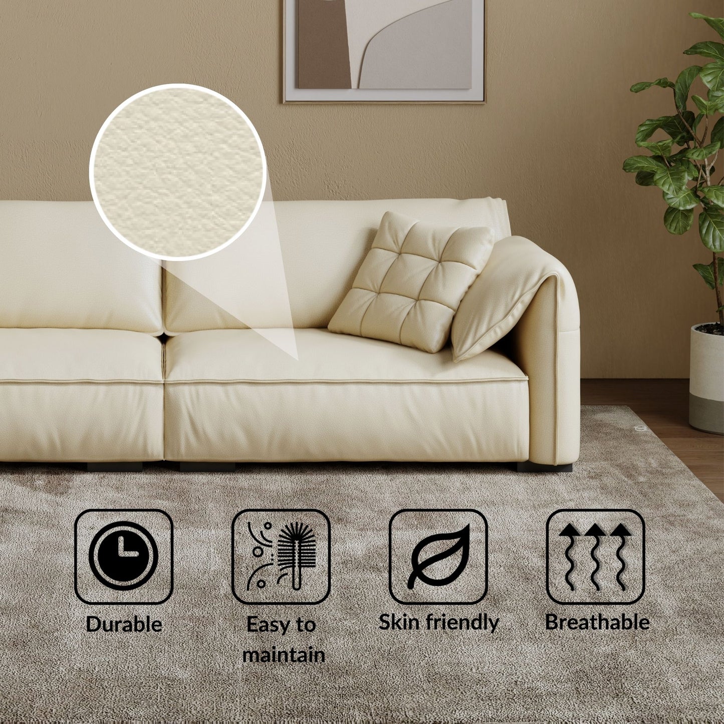 Comfy beige top grain full leather sofa