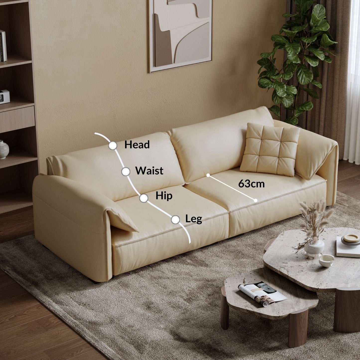 Comfy beige top grain full leather sofa