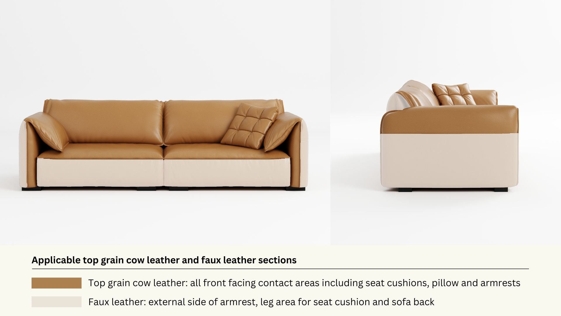 Faux leather and real leather components within a half leather sofa