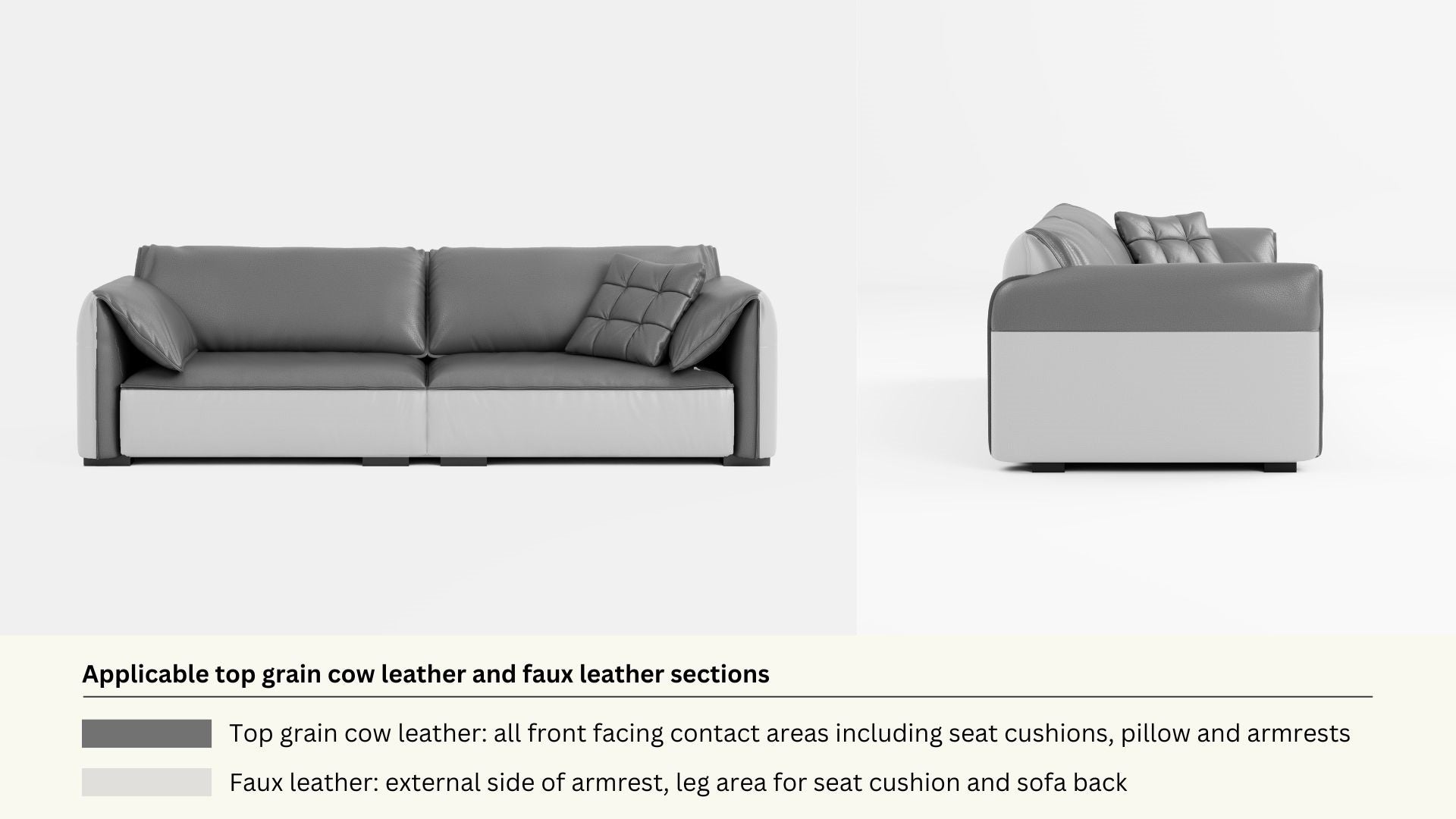 Faux leather and real leather components within a half leather sofa