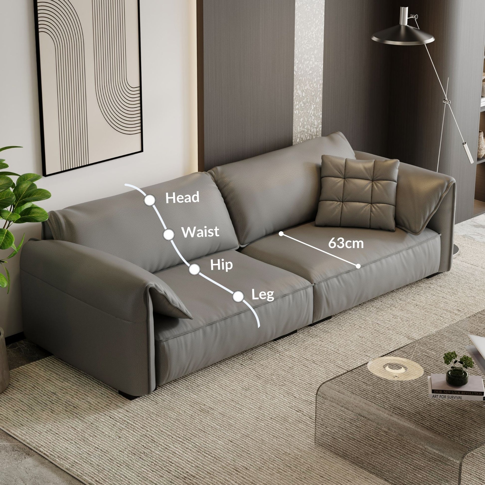 Comfy grey top grain full leather sofa