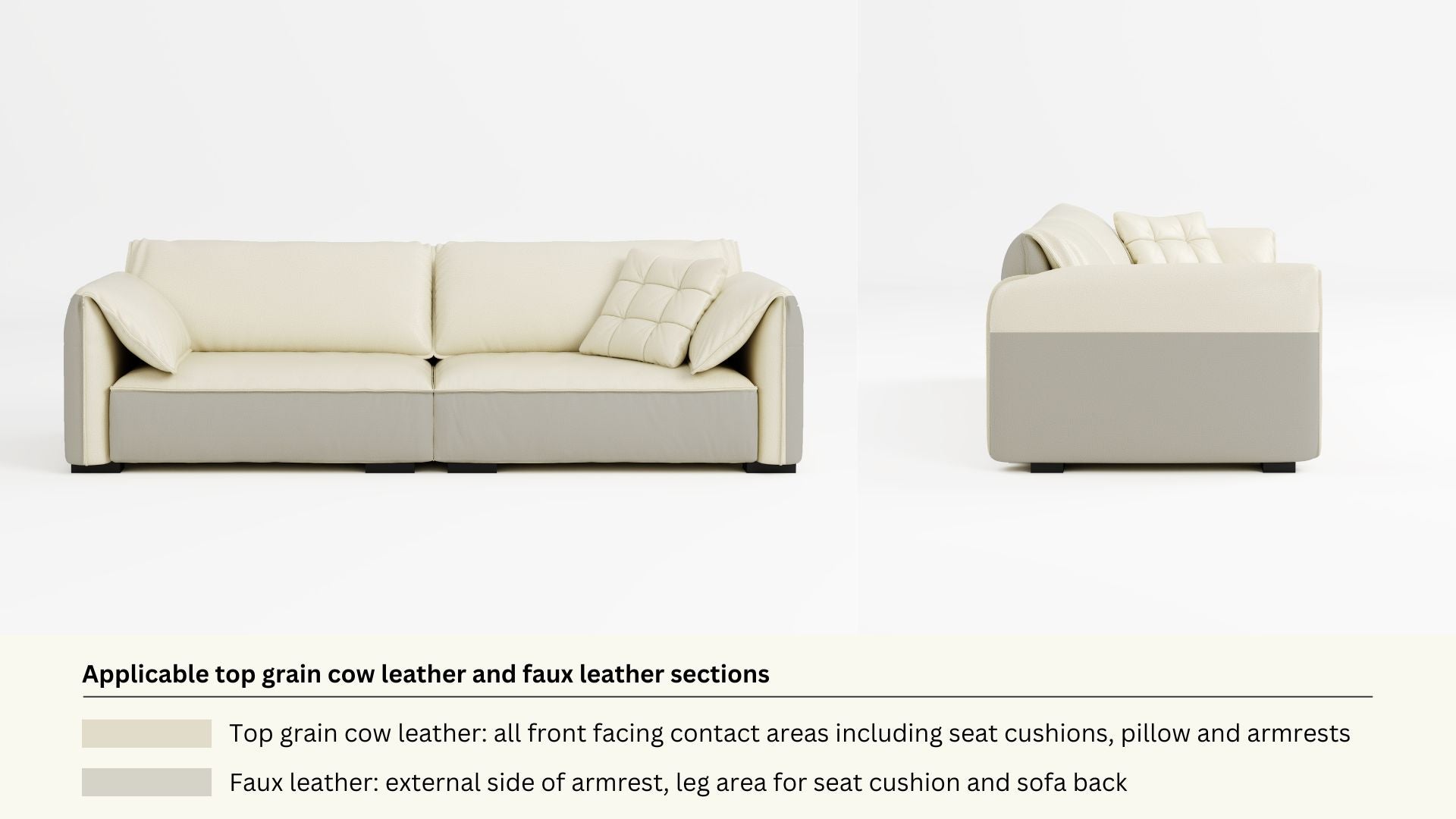 Faux leather and real leather components within a half leather sofa
