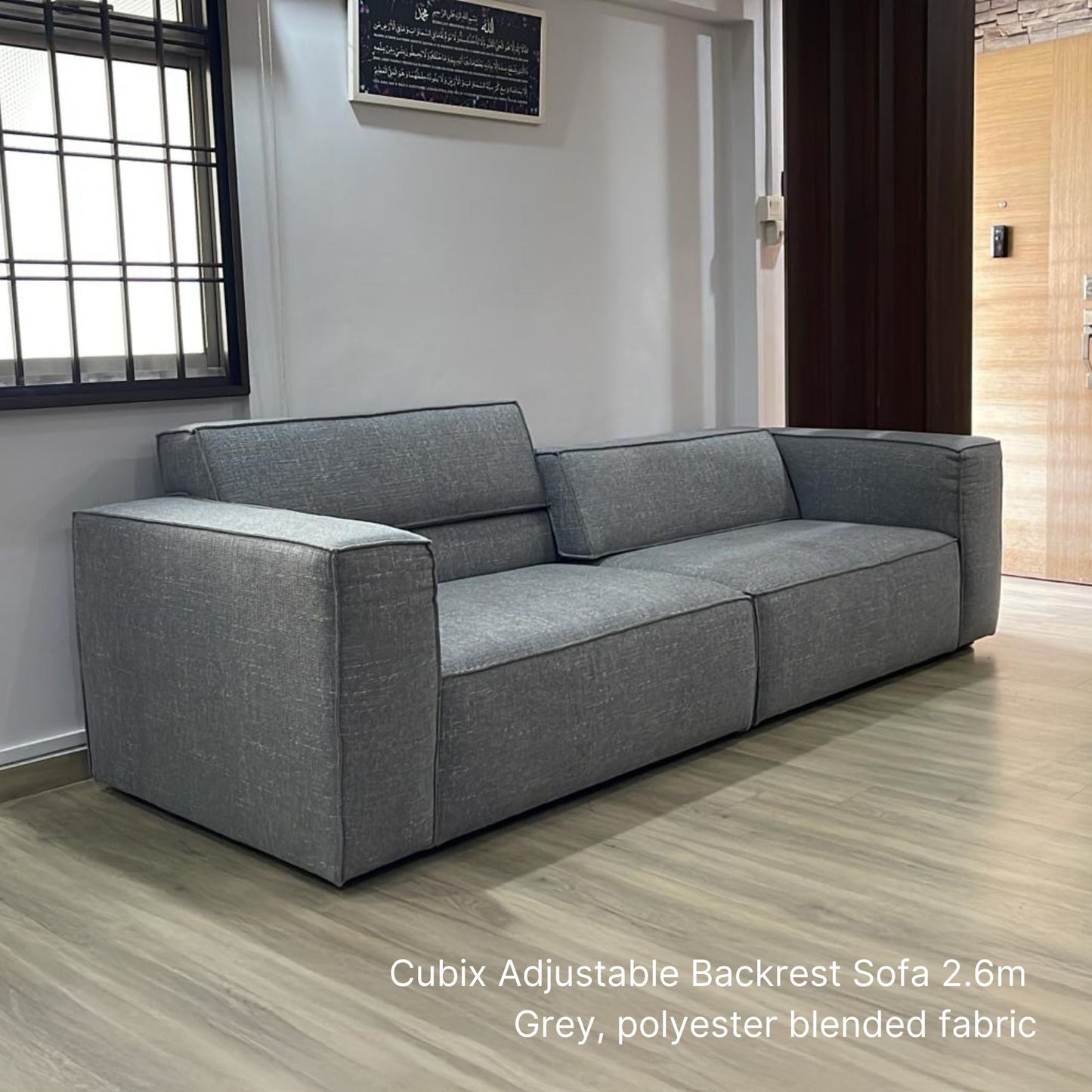 4 seater Cubix adjustable backrest sofa in grey polyester blended fabric at 260cm