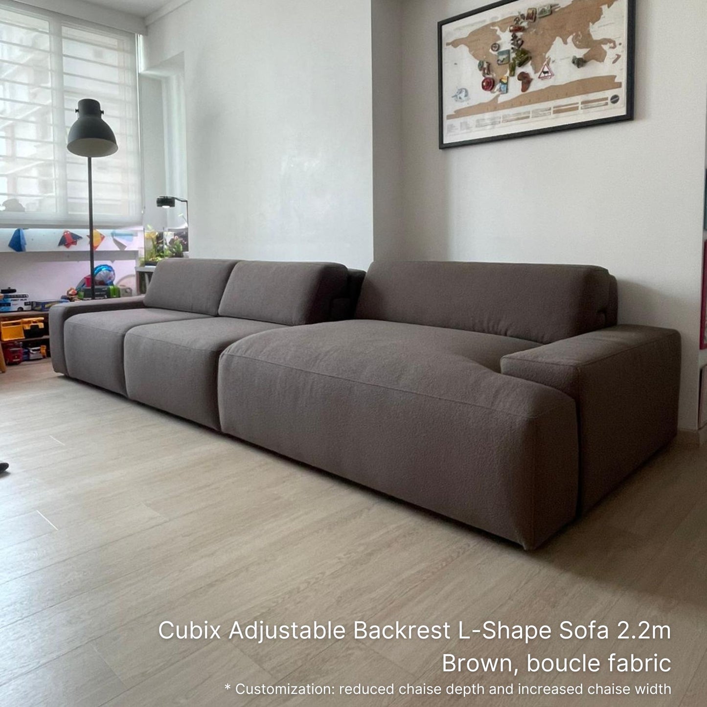 5 seater 320cm Cubix fabric adjustable backrest l-shaped sectional sofa in our customer's living room