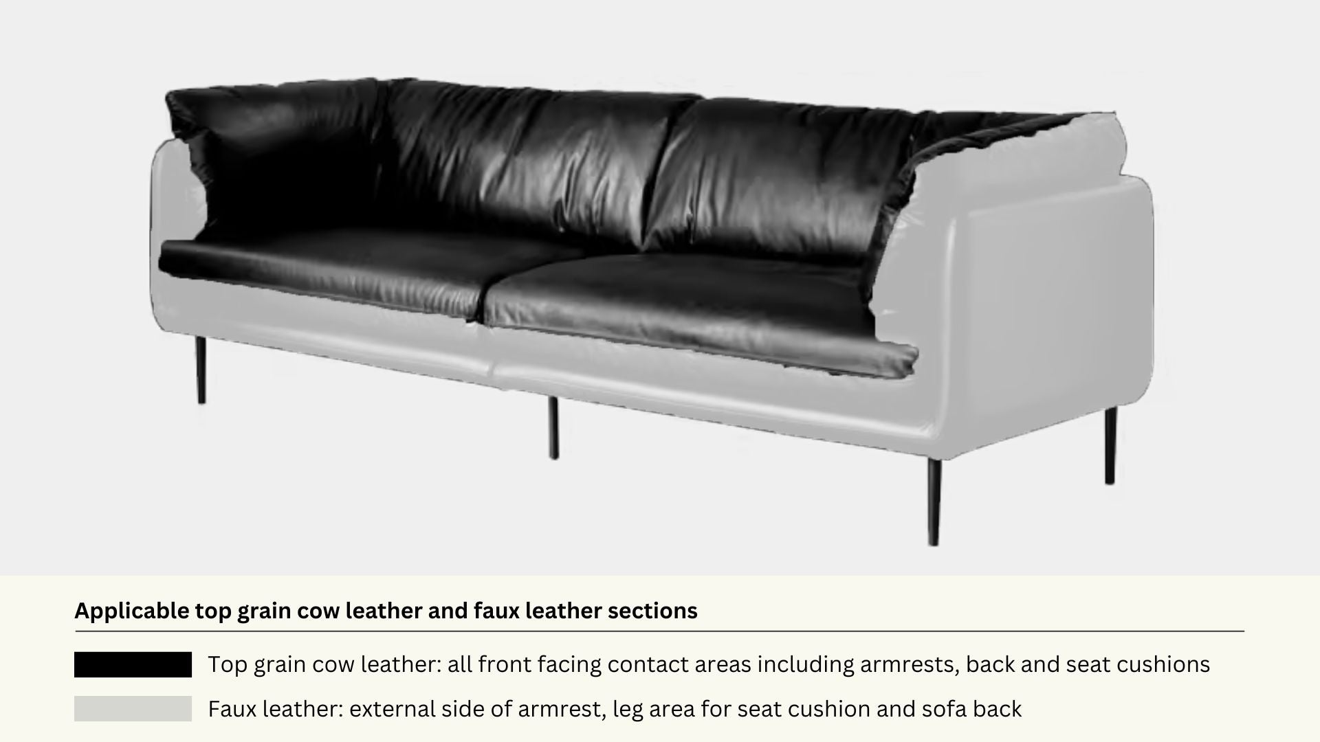 Faux leather and real leather components within a half leather sofa
