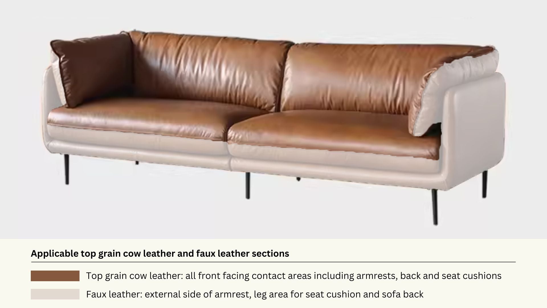 Faux leather and real leather components within a half leather sofa