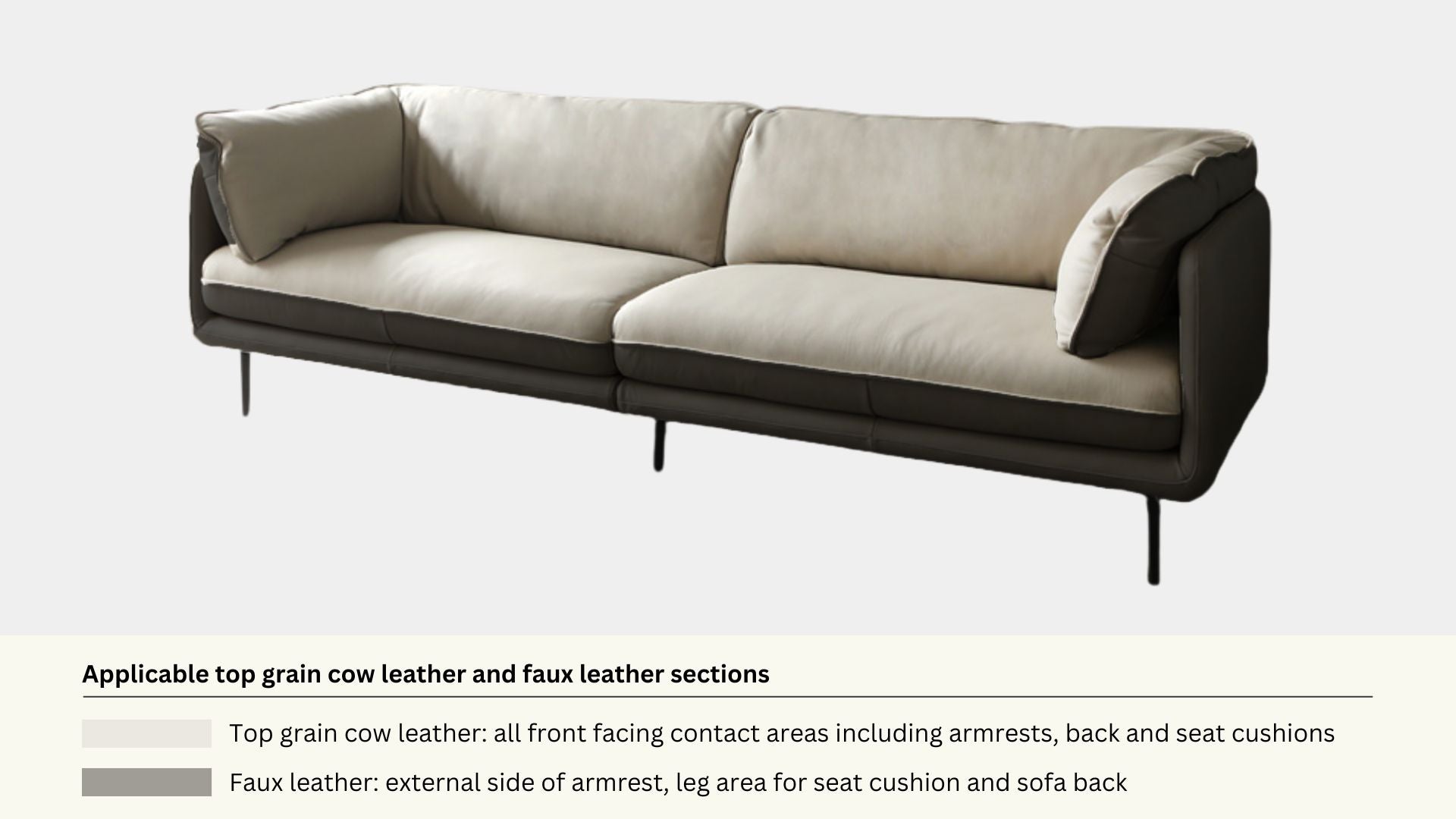 Faux leather and real leather components within a half leather sofa
