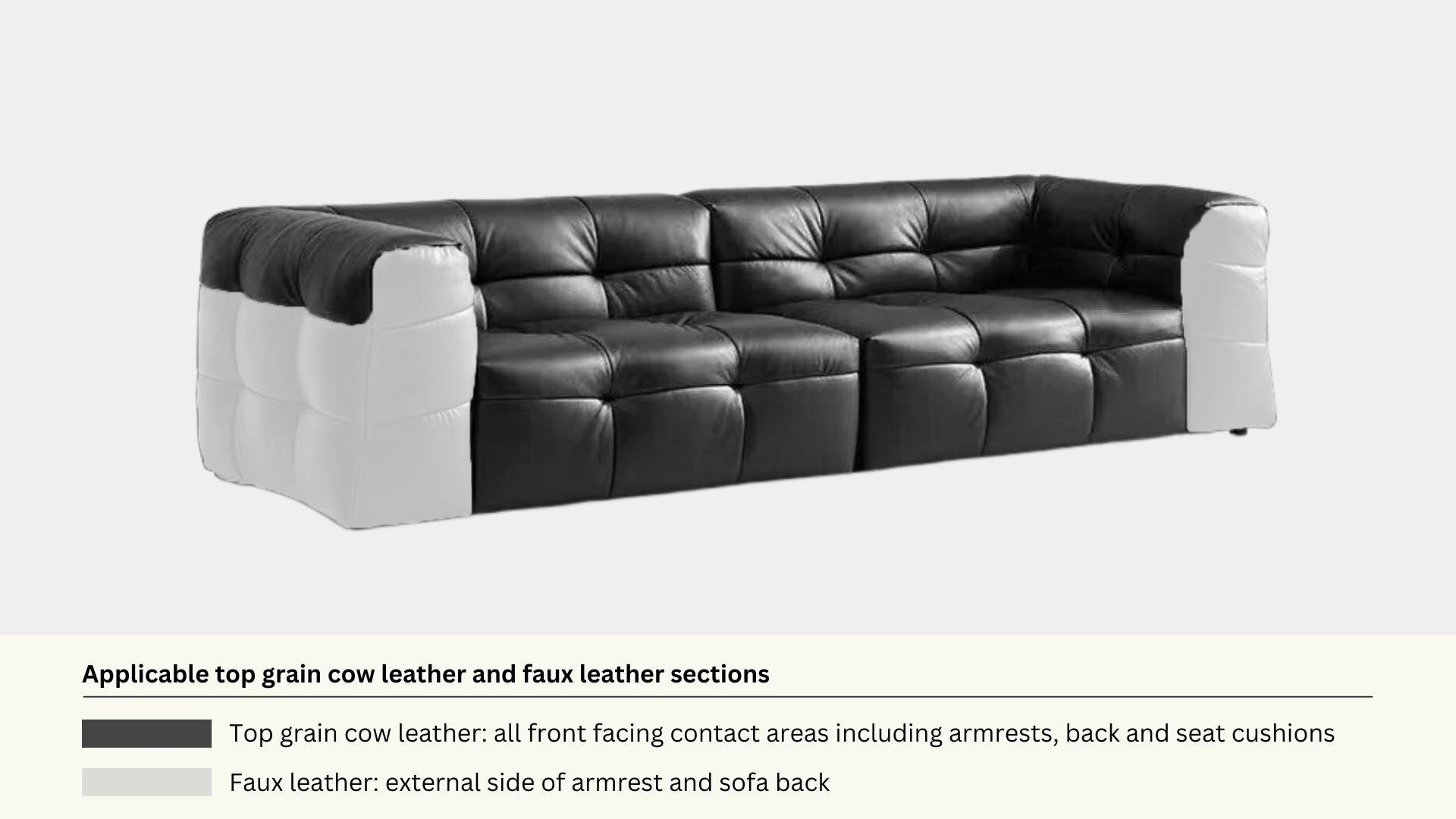 Faux leather and real leather components within a half leather sofa