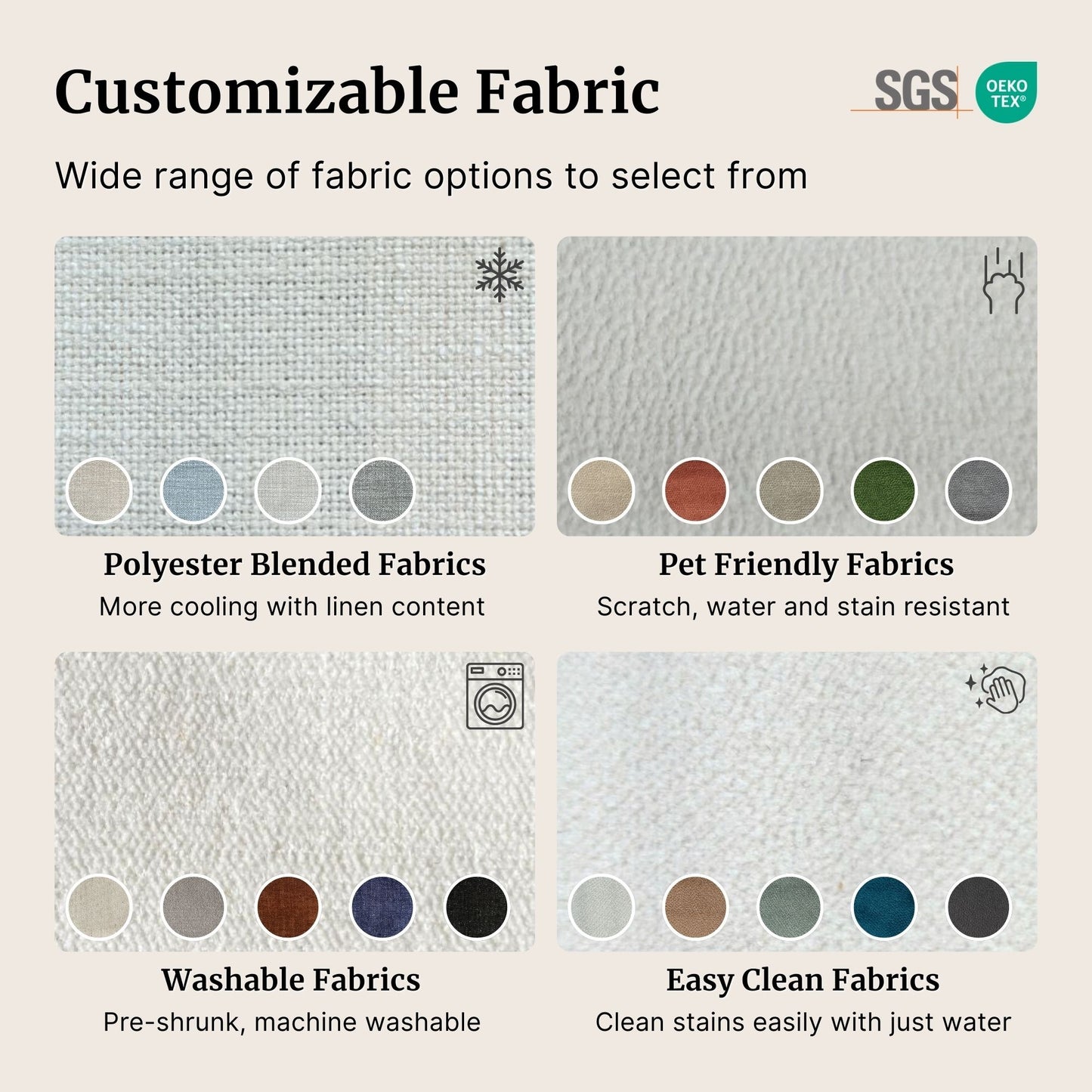 Fabrics available for sofa customization, such as linen blended fabrics, pet friendly fabrics, washable fabrics and easy clean fabrics (Other)