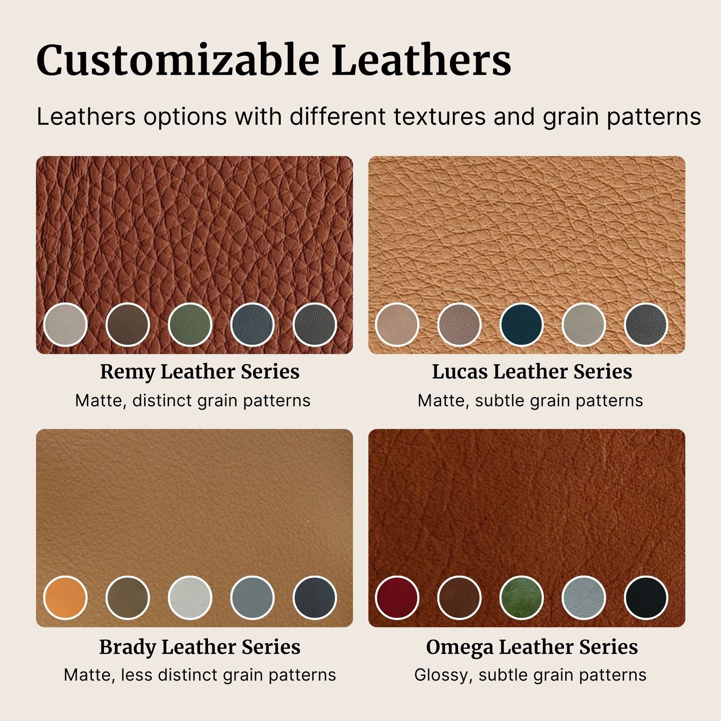 Selection of top grain leather options based on matte, glossy and type of grain patterns (Other)