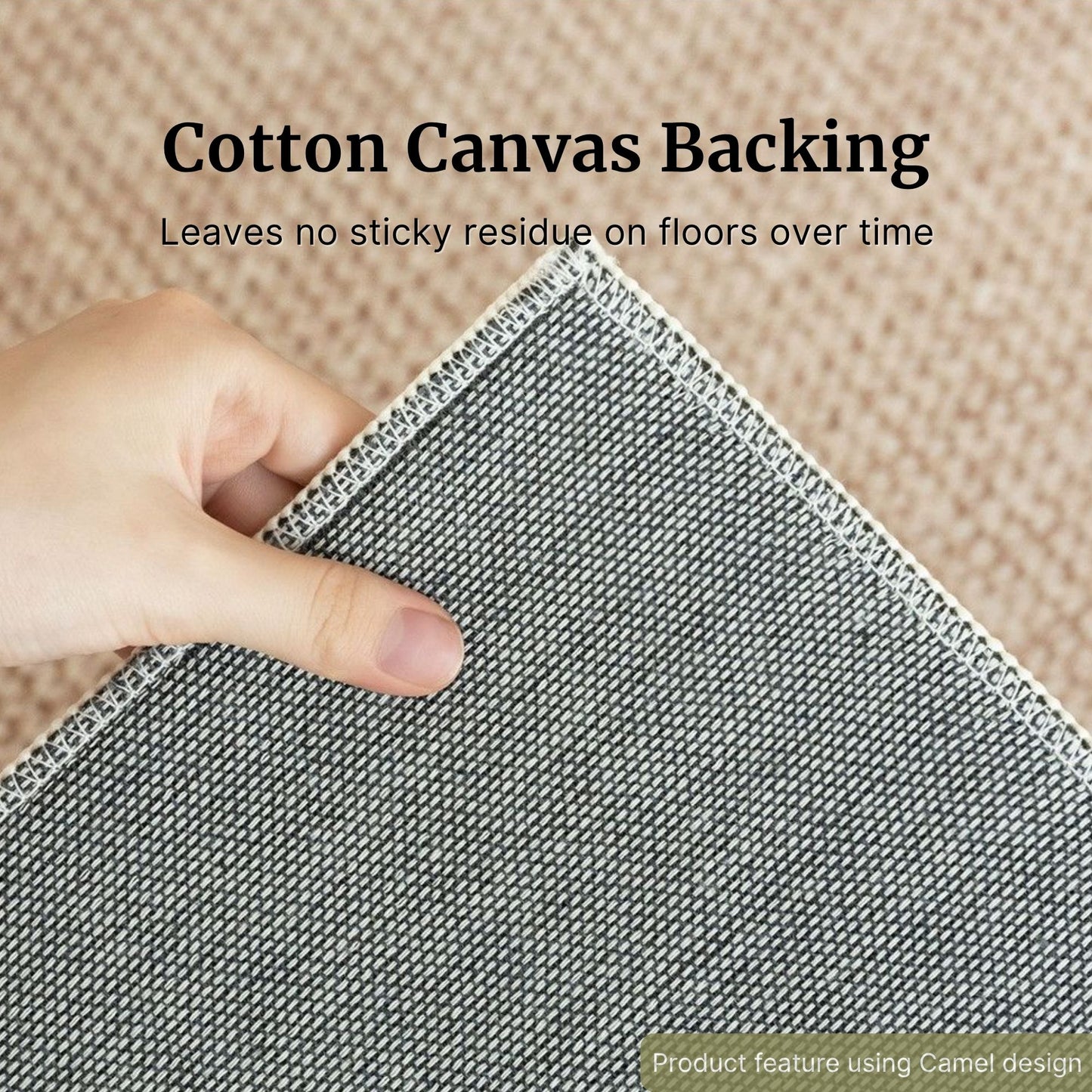 Hand holding a textured mat with cotton canvas backing on a beige floor.