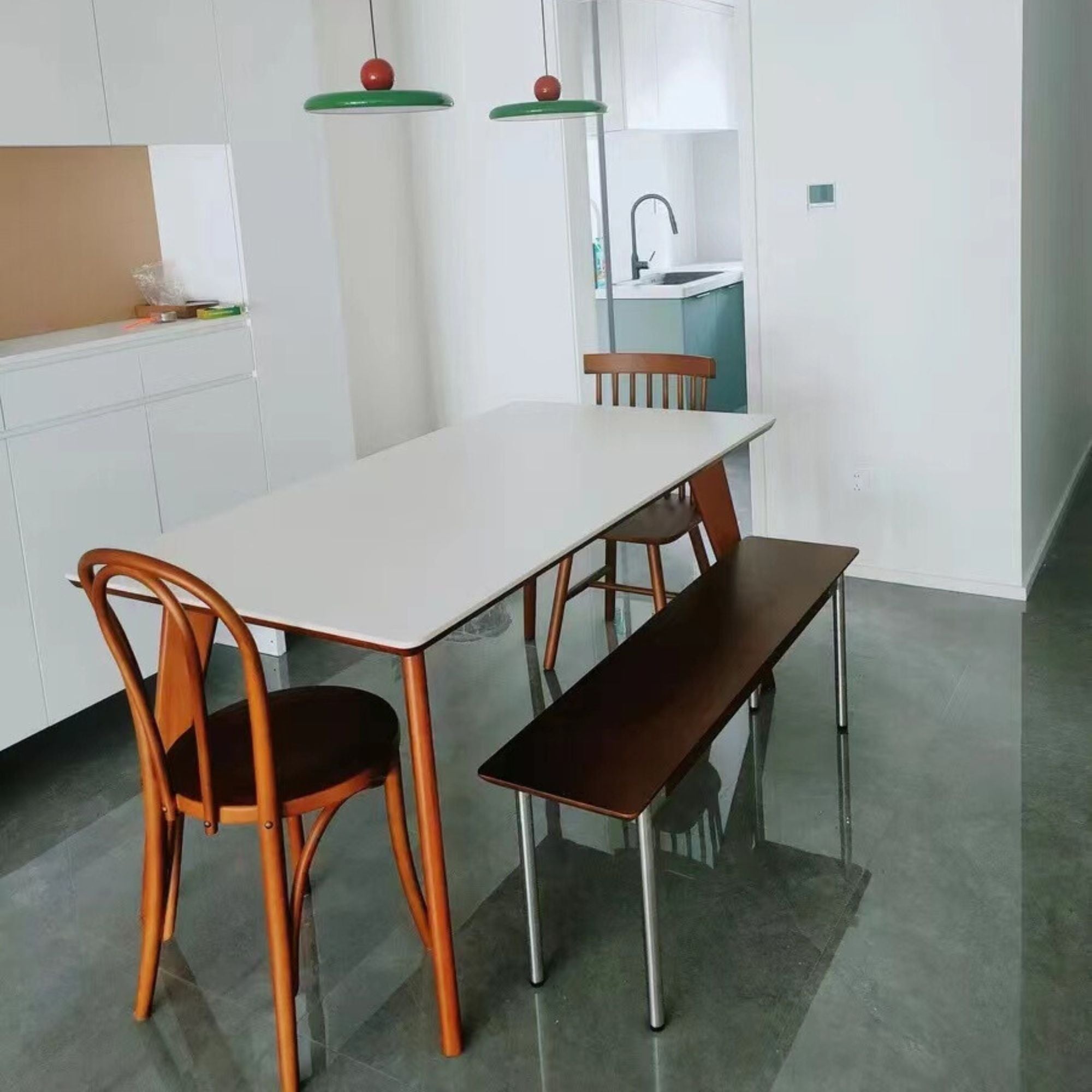 Taylor poplar wood bench as part of dining table set in kitchen