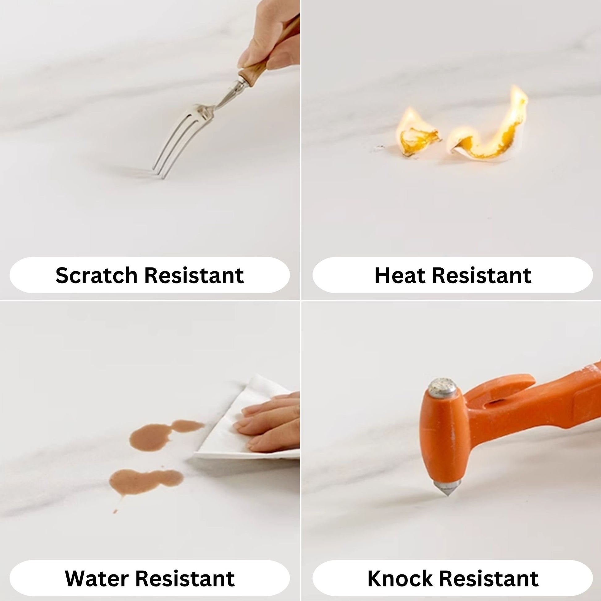Sintered stone resistant features against scratch, heat, water and knock