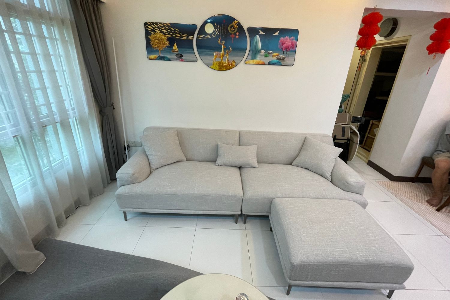 Crystal grey fabric sofa 240cm with ottoman