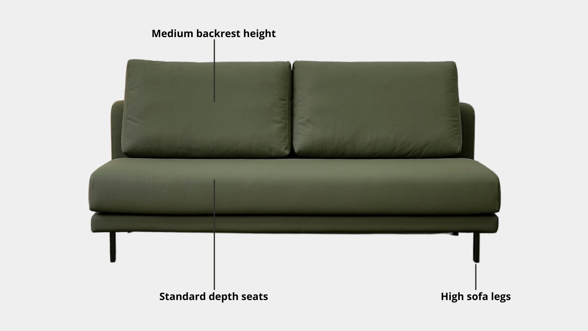 Key features such as armrest thickness, cushion height, seat depth and sofa leg height for Cedar Faux Leather Armless Sofa