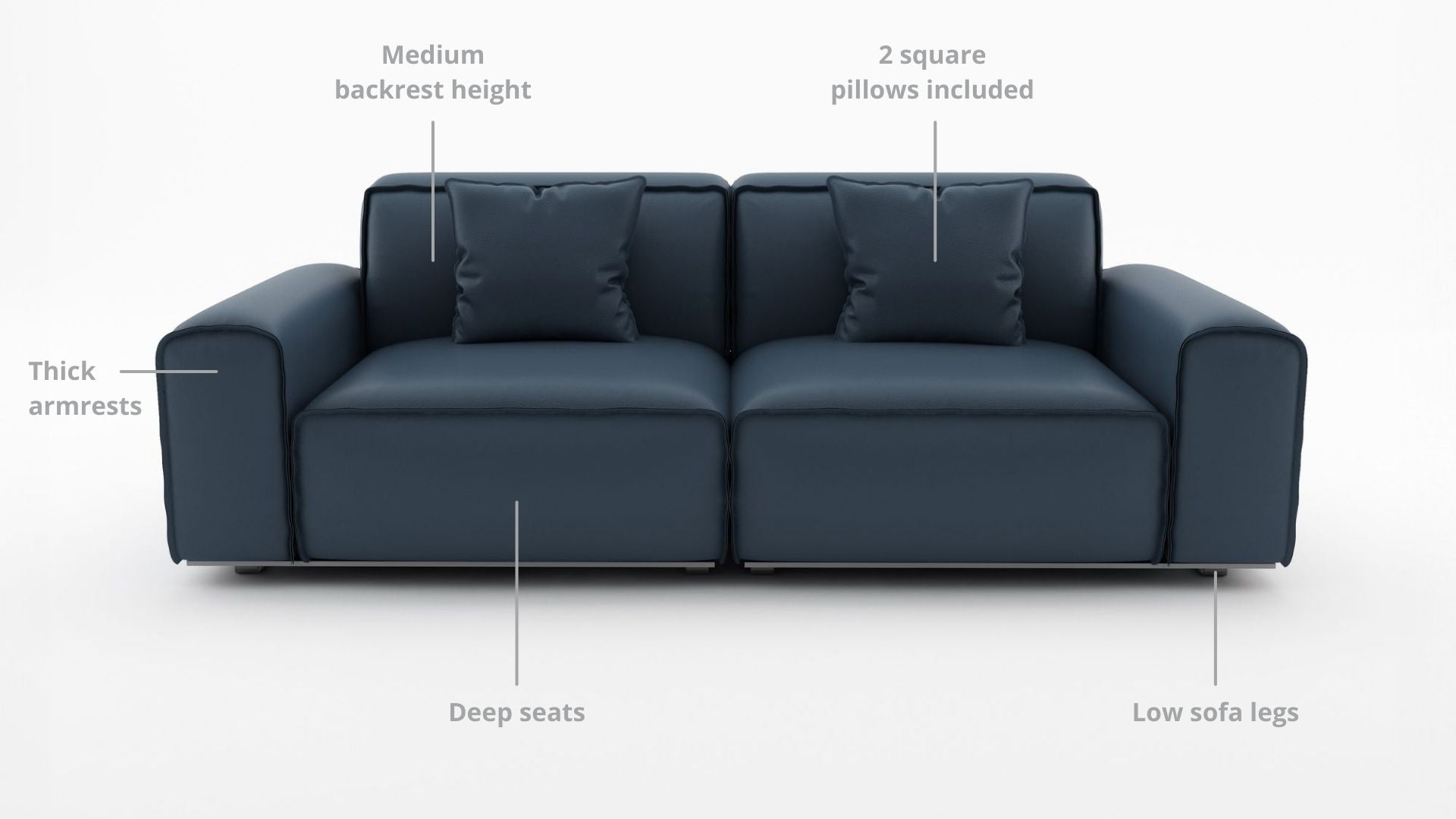 Key features such as armrest thickness, cushion height, seat depth and sofa leg height for Colby Half Leather Sofa