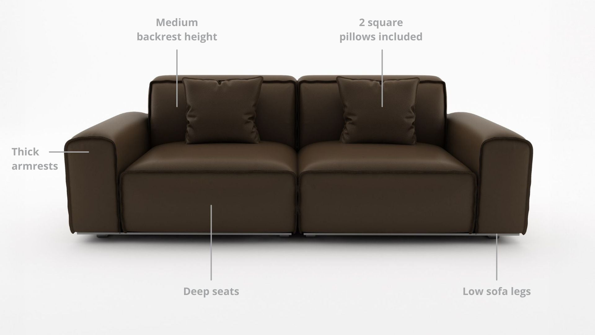 Key features such as armrest thickness, cushion height, seat depth and sofa leg height for Colby Full Leather Sofa