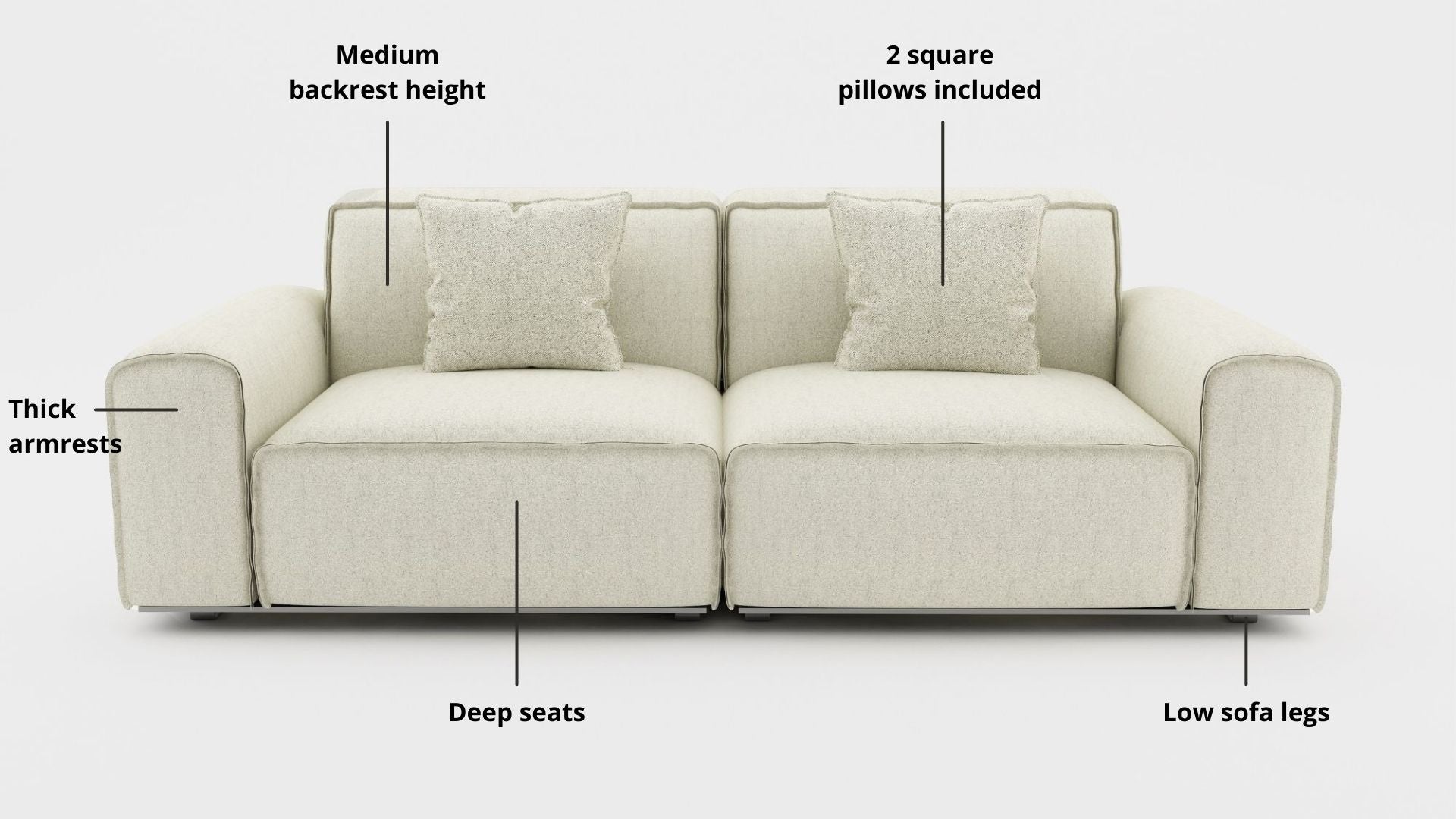 Key features such as armrest thickness, cushion height, seat depth and sofa leg height for Colby Fabric Sofa