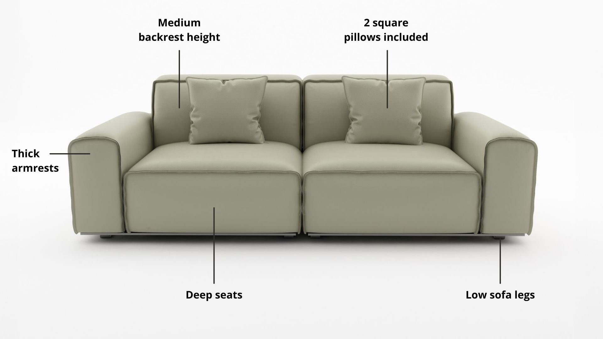 Key features such as armrest thickness, cushion height, seat depth and sofa leg height for Colby Half Leather Sofa