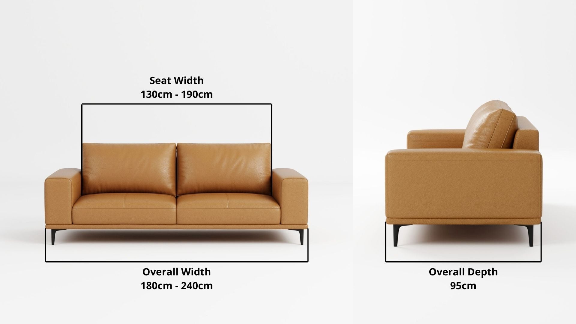Details the key dimensions in terms of overall width, overall depth and seat width for Calm Full Leather Sofa