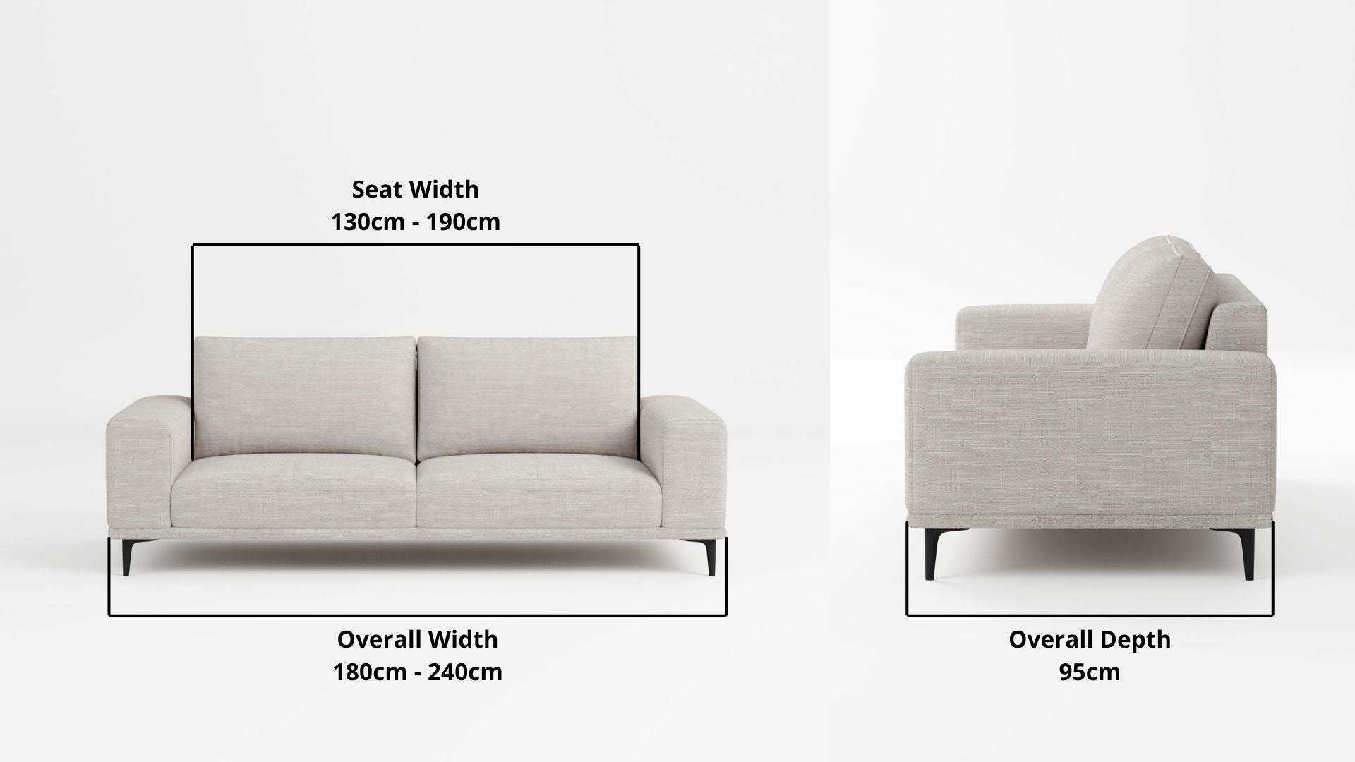 Details the key dimensions in terms of overall width, overall depth and seat width for Calm Fabric Sofa