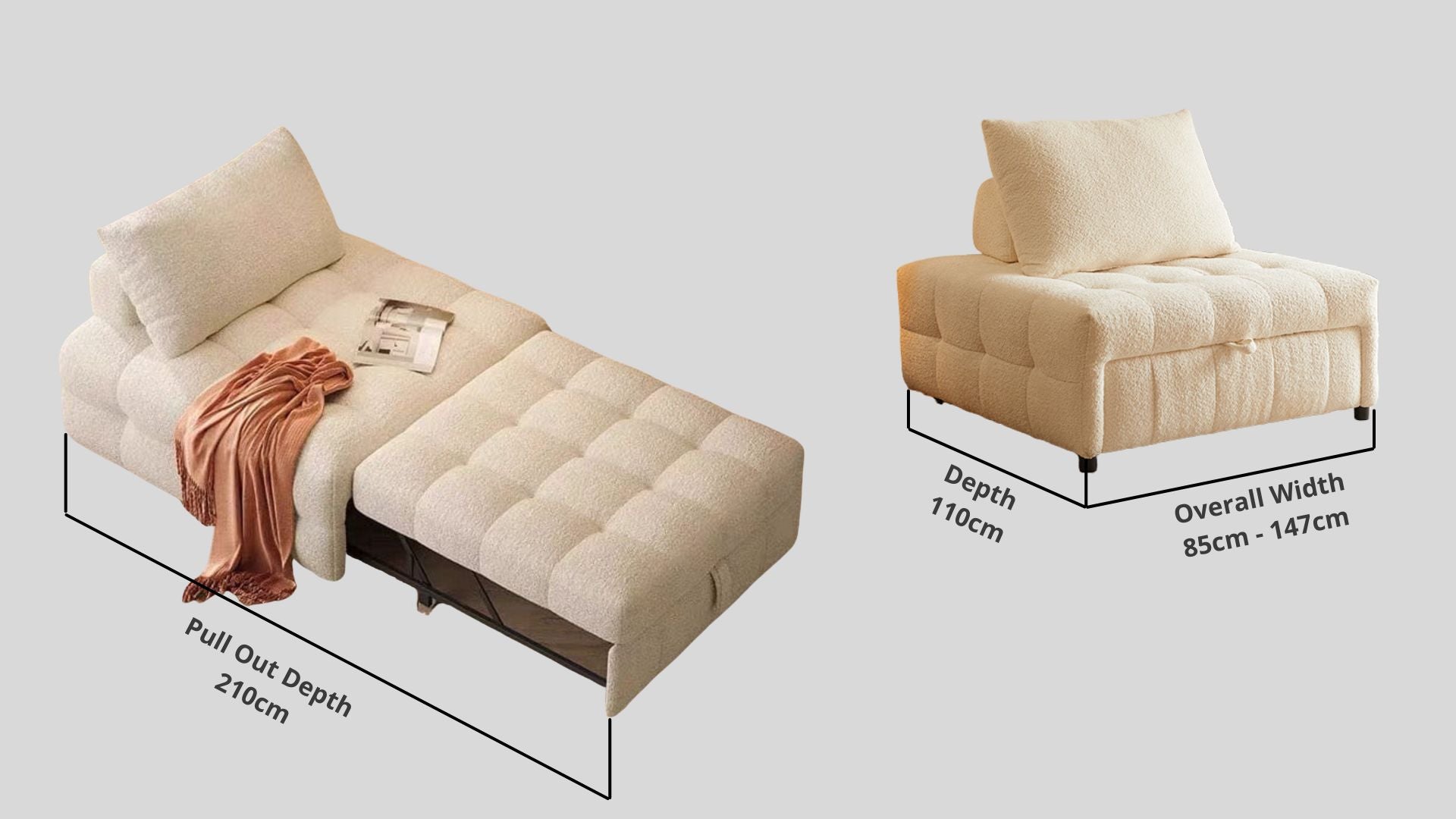 Details the key dimensions in terms of overall width, overall depth and seat width for Candy Fabric Sofa Bed