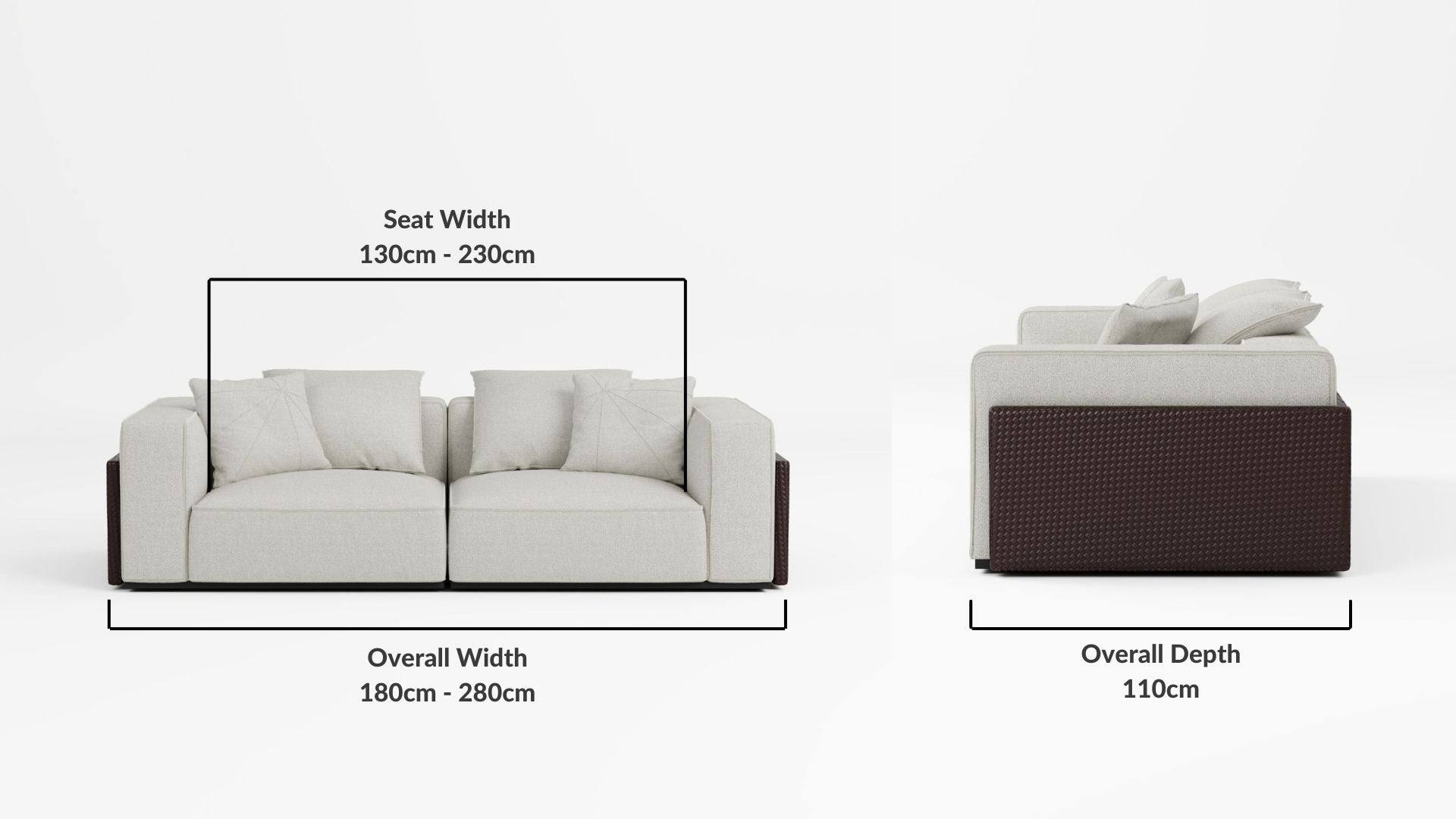 Details the key dimensions in terms of overall width, overall depth and seat width for Carson Fabric Sofa