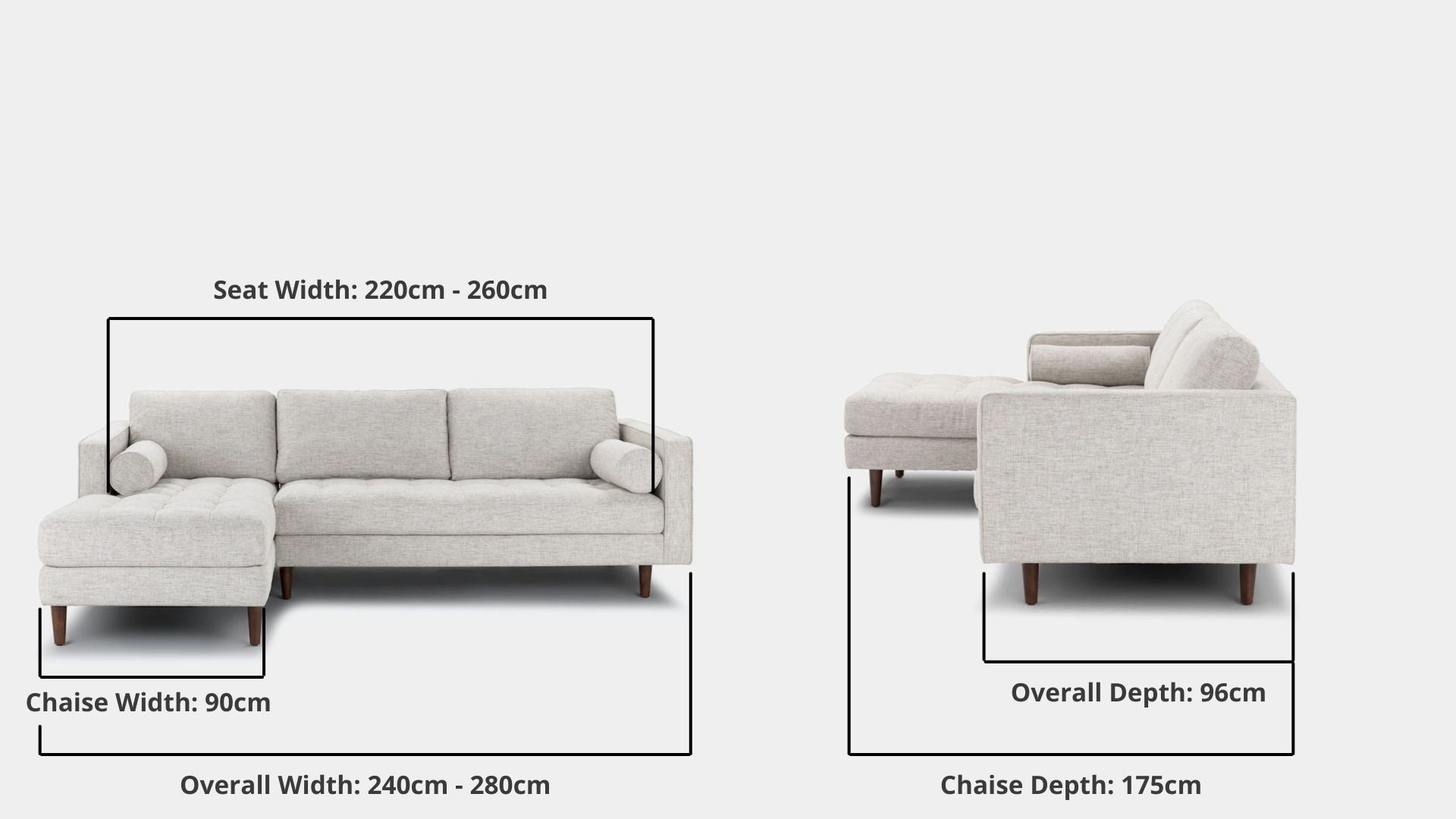 Details the key dimensions in terms of overall width, overall depth and seat width for Castle Fabric L Shape Sectional Sofa