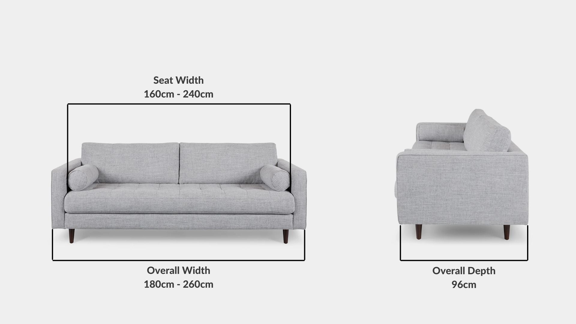 Details the key dimensions in terms of overall width, overall depth and seat width for Castle Fabric Sofa