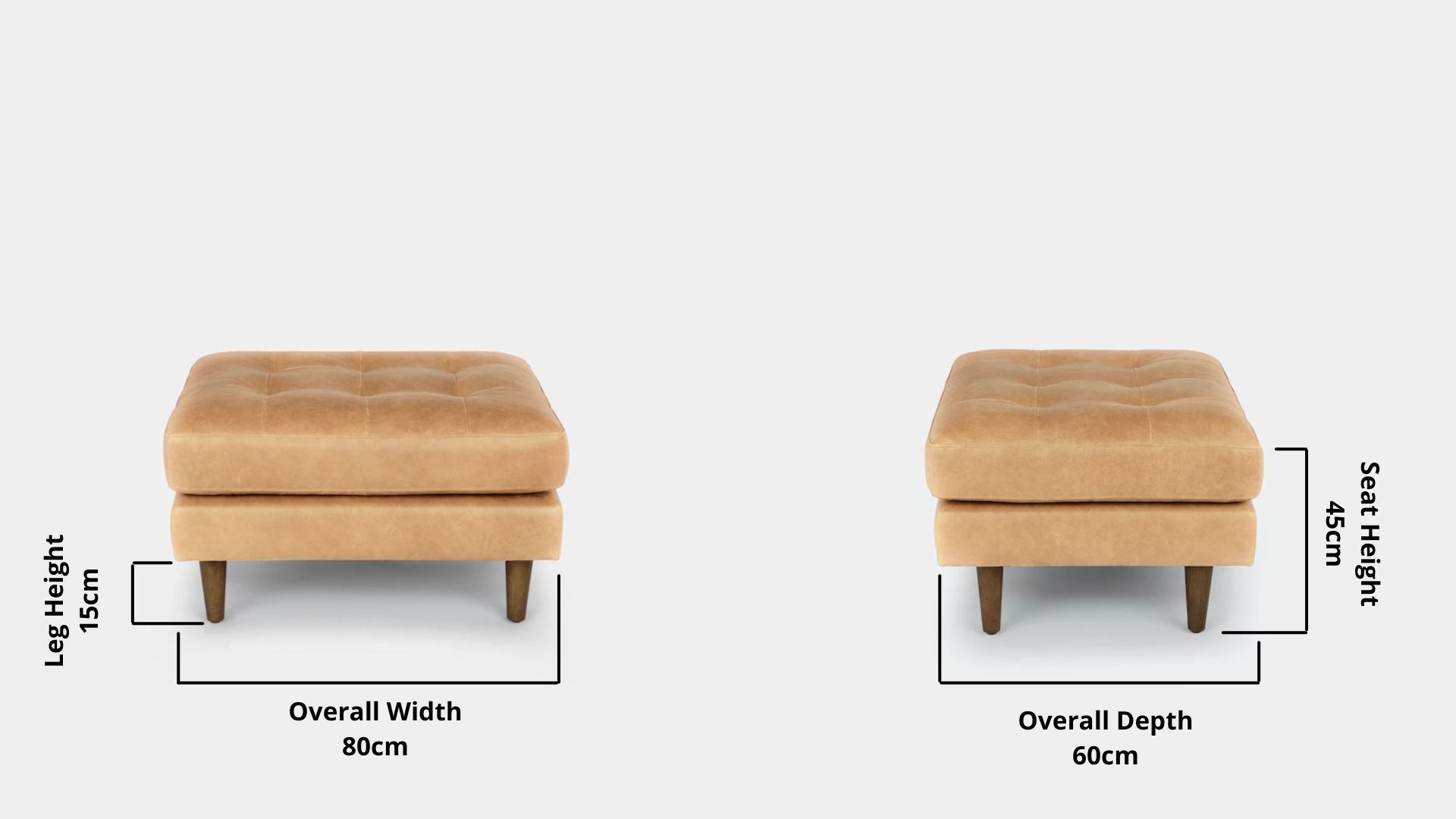 Details the key dimensions in terms of overall width, overall depth and seat width for Castle Faux Leather Ottoman