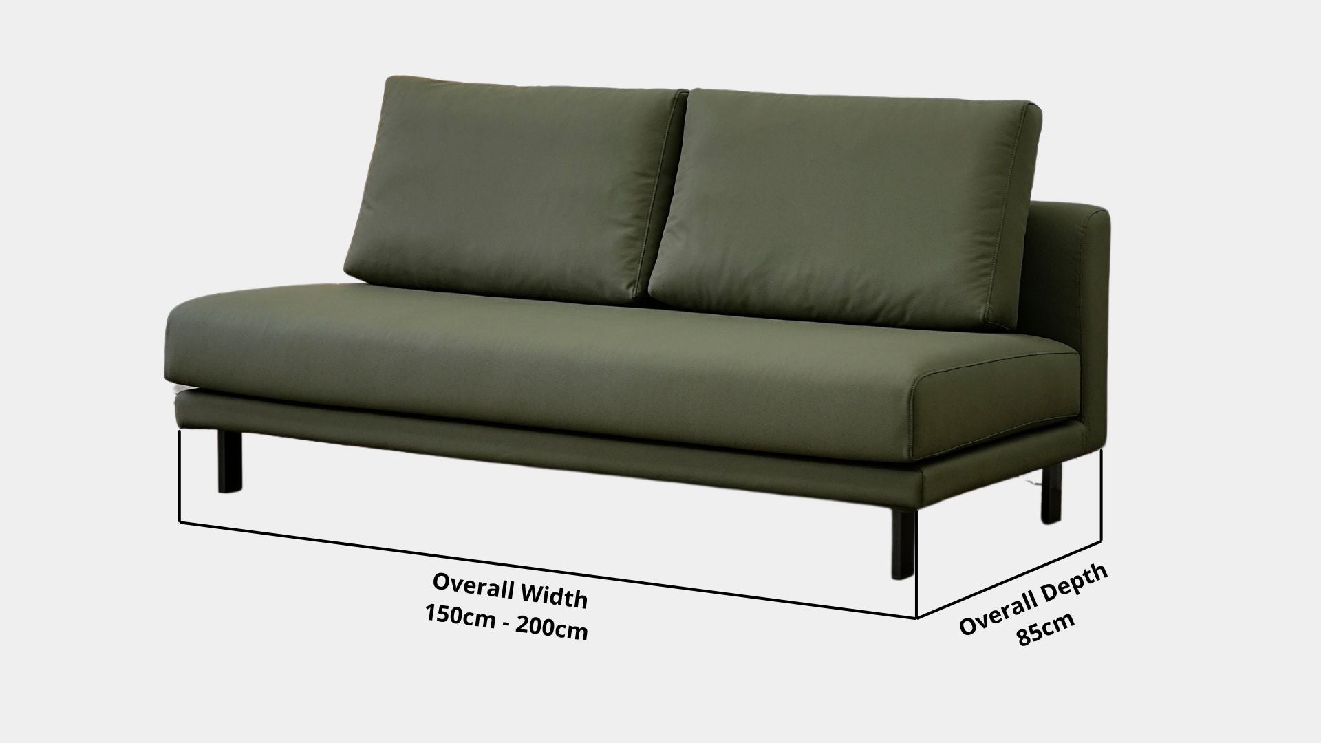 Details the key dimensions in terms of overall width, overall depth and seat width for Cedar Faux Leather Armless Sofa