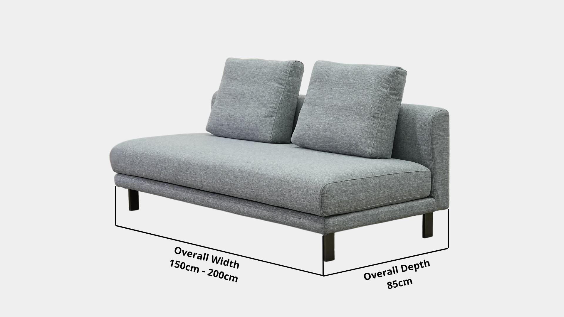 Details the key dimensions in terms of overall width, overall depth and seat width for Cedar Fabric Armless Sofa