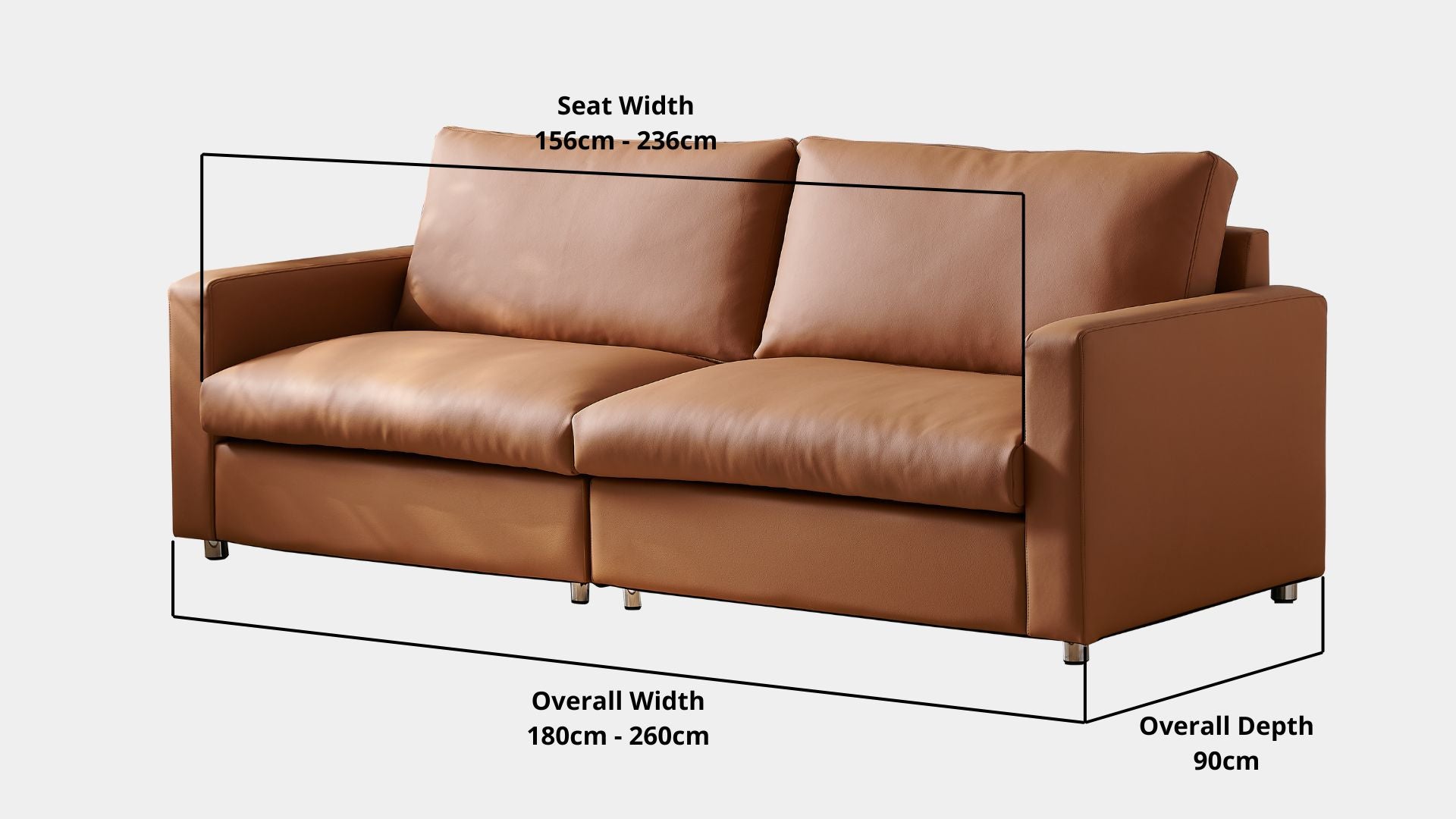 Details the key dimensions in terms of overall width, overall depth and seat width for Chalet Half Leather Sofa