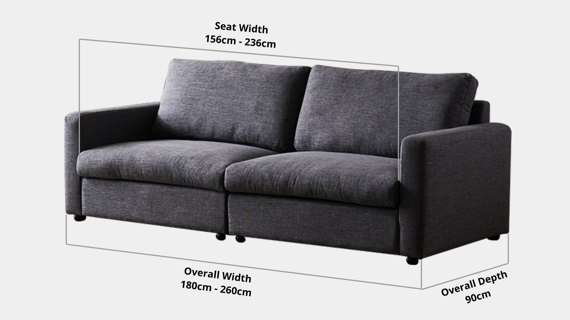 Details the key dimensions in terms of overall width, overall depth and seat width for Chalet Fabric Sofa