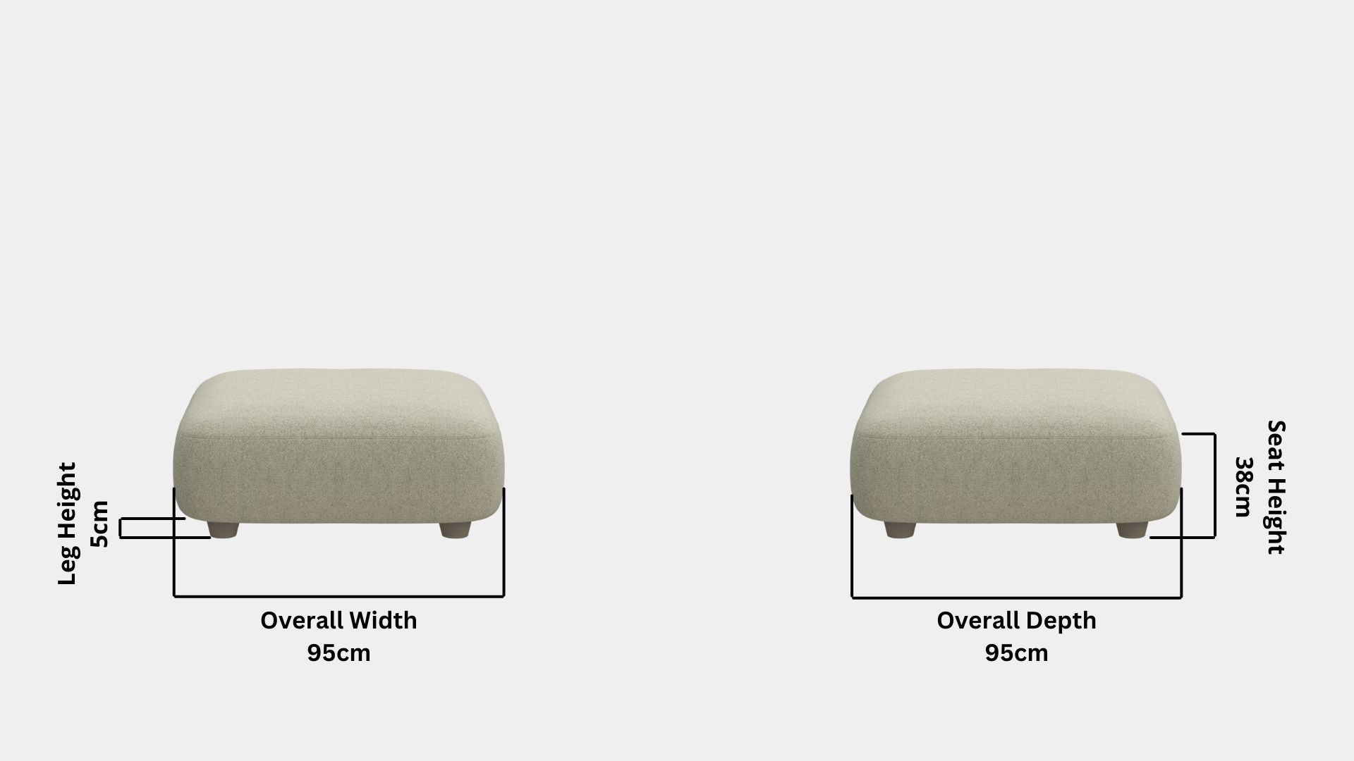 Details the key dimensions in terms of overall width, overall depth and seat width for Charmy Fabric Ottoman