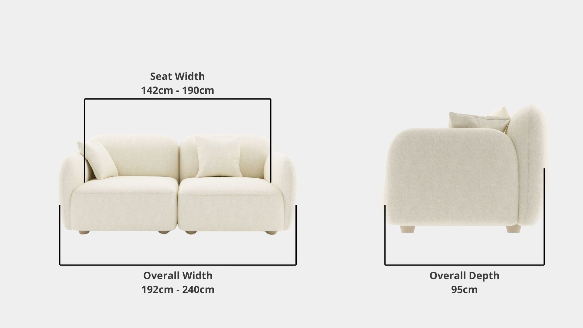 Details the key dimensions in terms of overall width, overall depth and seat width for Charmy Fabric Sofa