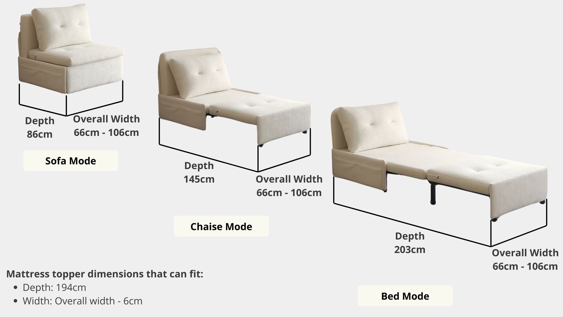 Details the key dimensions in terms of overall width, overall depth and seat width for Ciabatta Fabric Sofa Bed