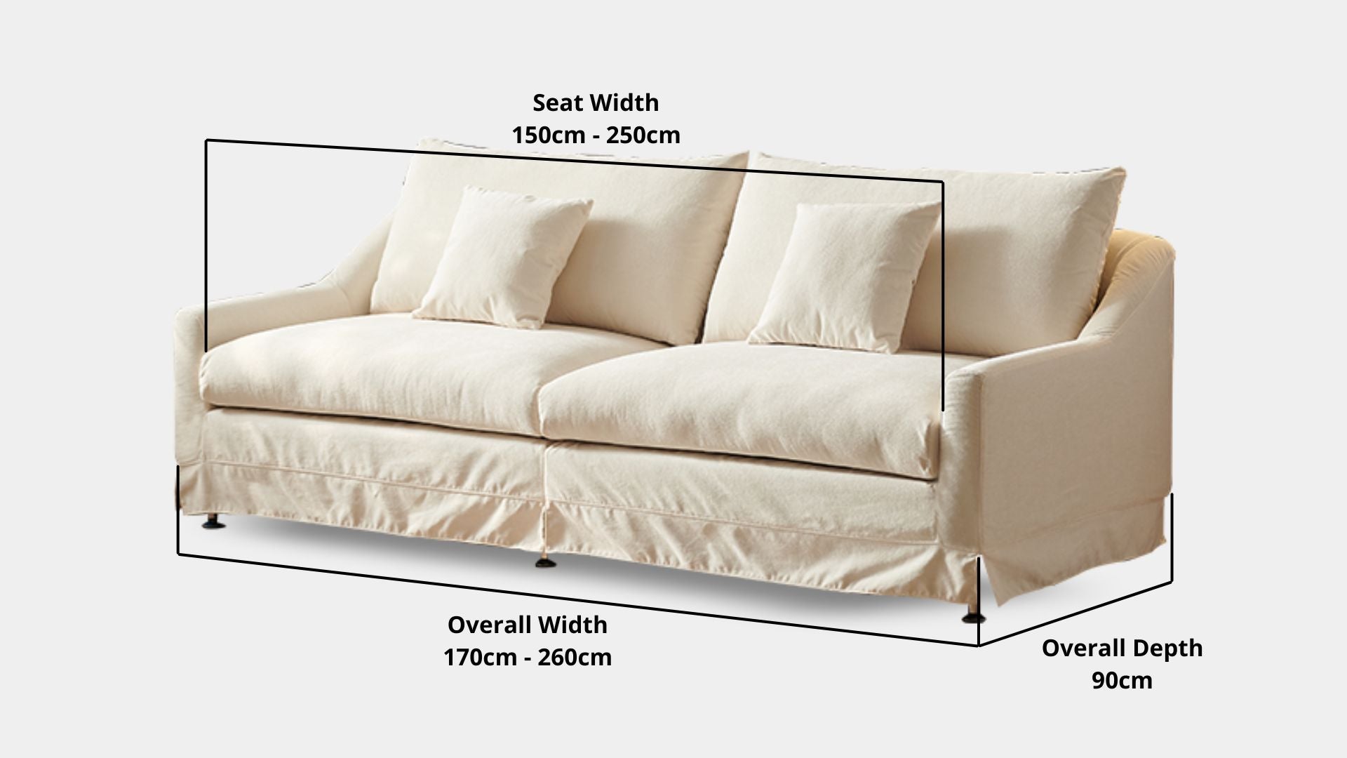 Details the key dimensions in terms of overall width, overall depth and seat width for Cider Fabric Sofa