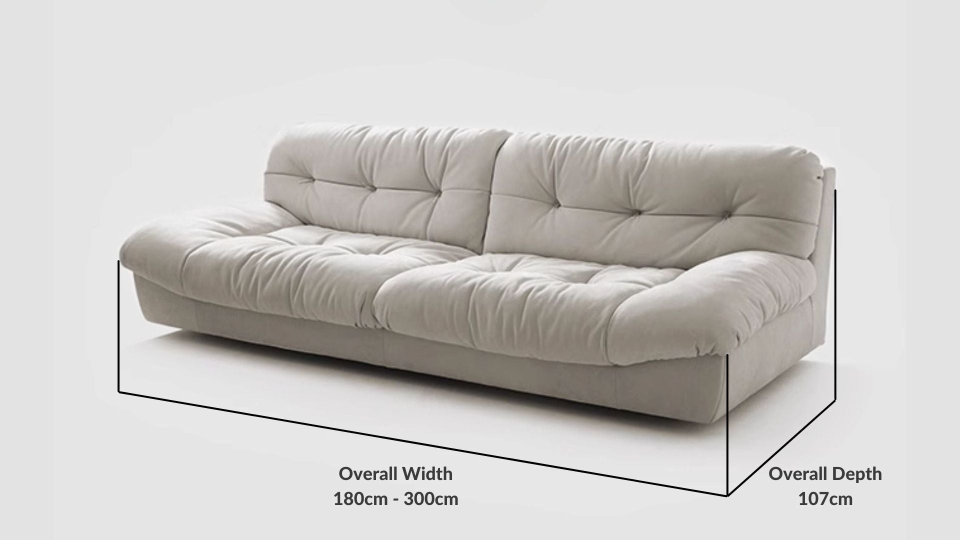 Details the key dimensions in terms of overall width, overall depth and seat width for Clora Fabric Sofa