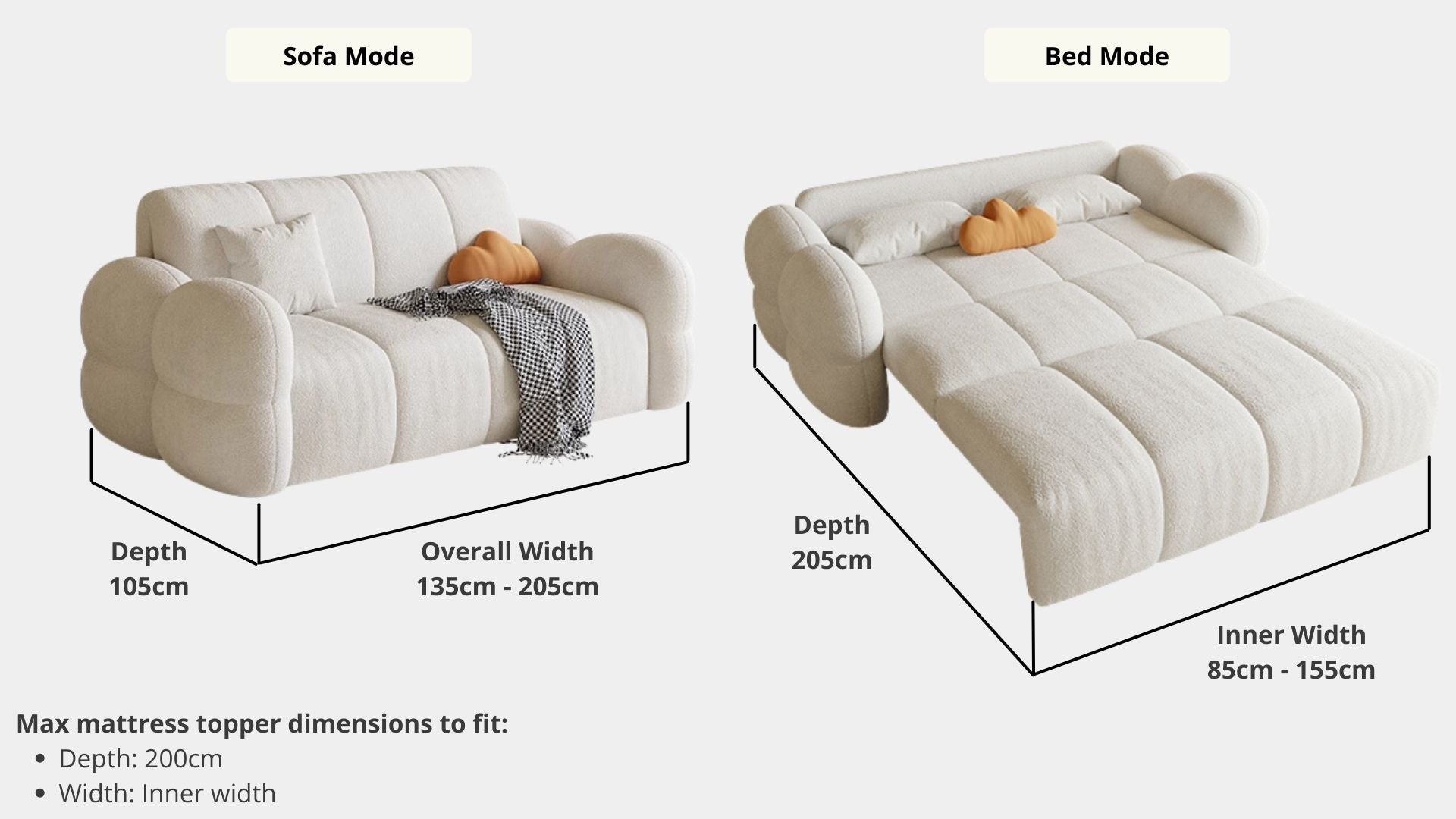 Details the key dimensions in terms of overall width, overall depth and seat width for Clover Electric Fabric Sofa Bed