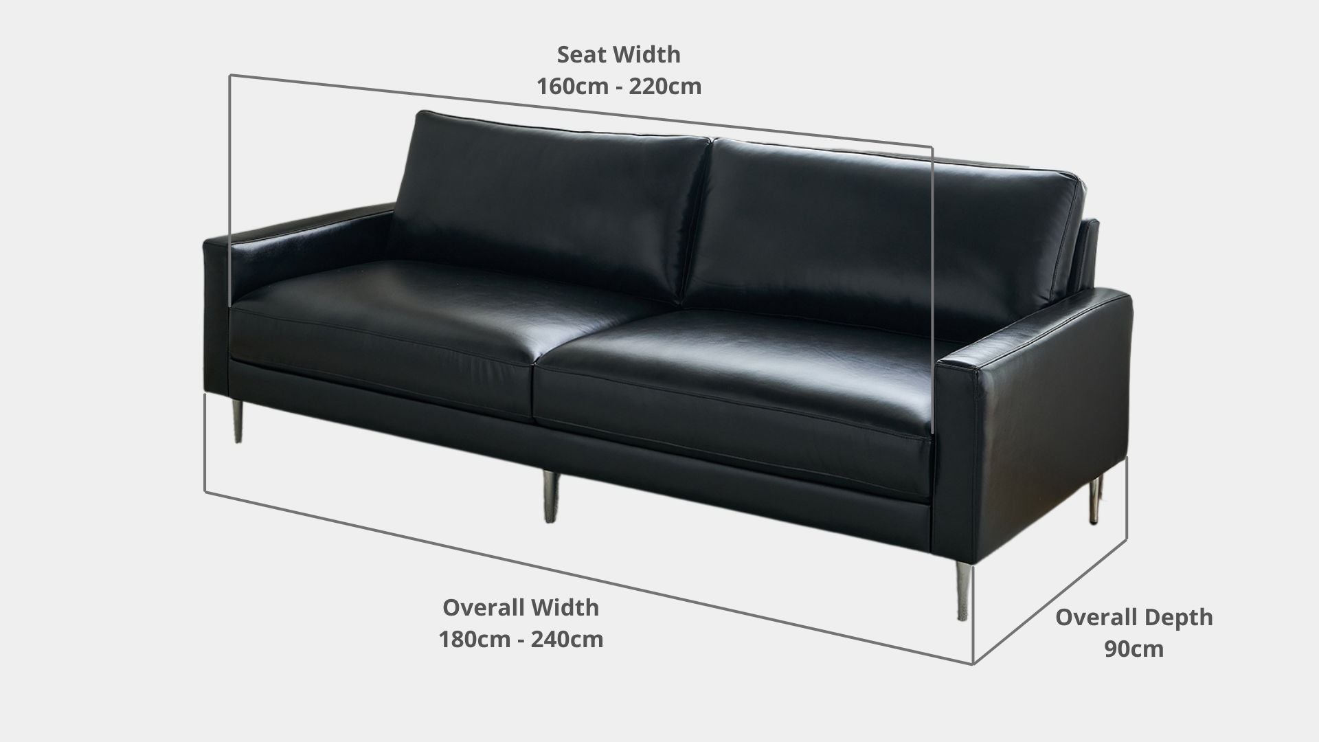 Details the key dimensions in terms of overall width, overall depth and seat width for Coach Half Leather Sofa
