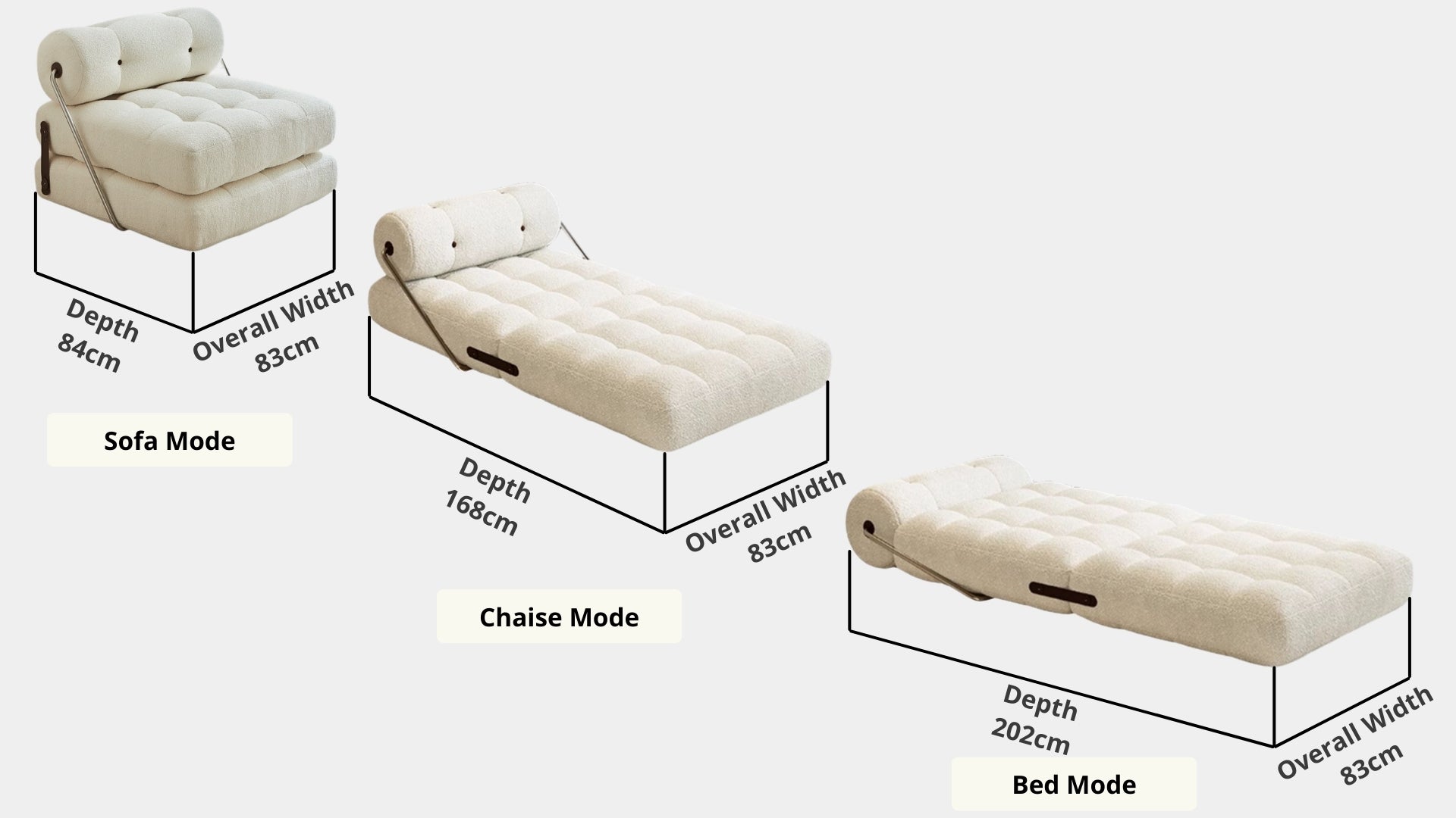 Details the key dimensions in terms of overall width, overall depth and seat width for Cob Fabric Sofa Bed