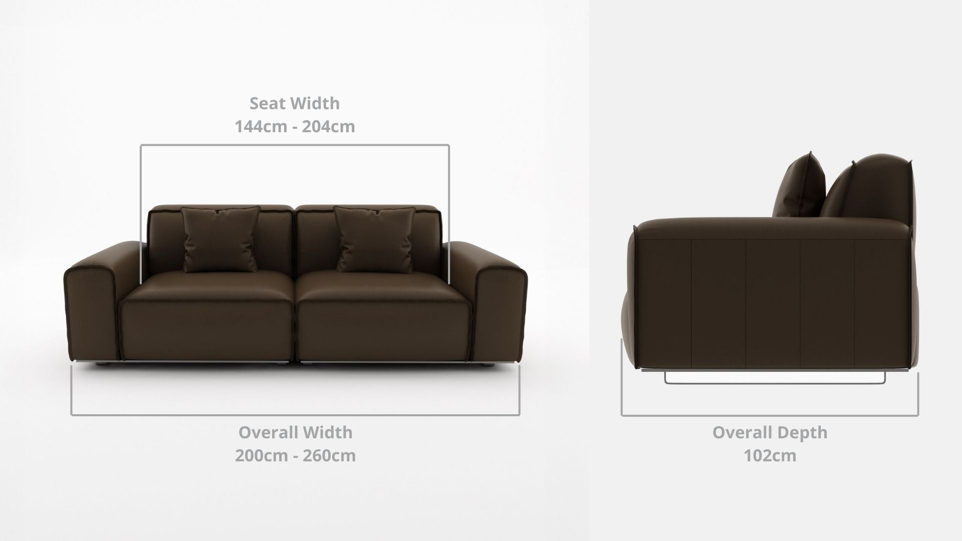Details the key dimensions in terms of overall width, overall depth and seat width for Colby Full Leather Sofa