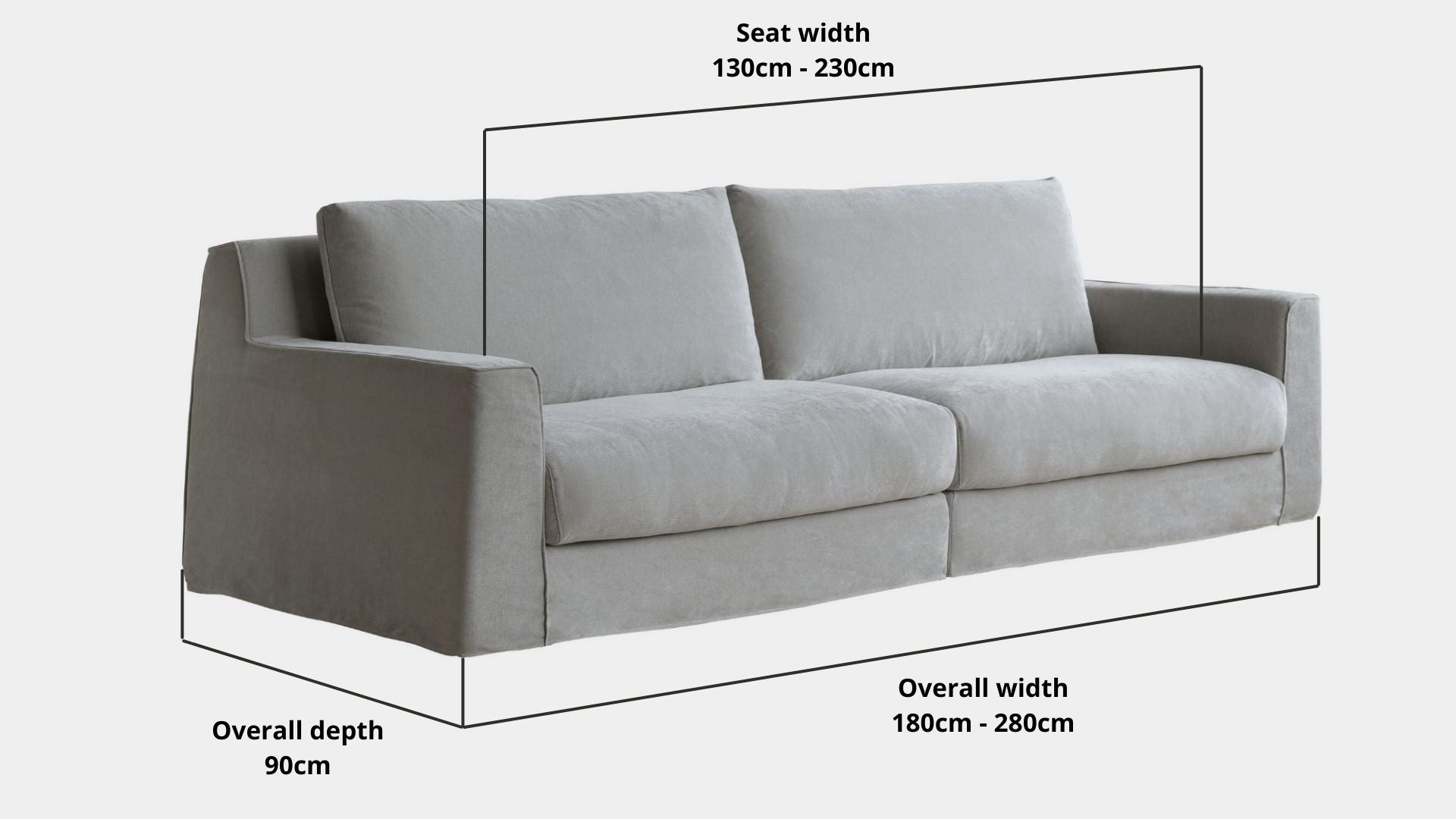 Details the key dimensions in terms of overall width, overall depth and seat width for Comfort Fabric Sofa