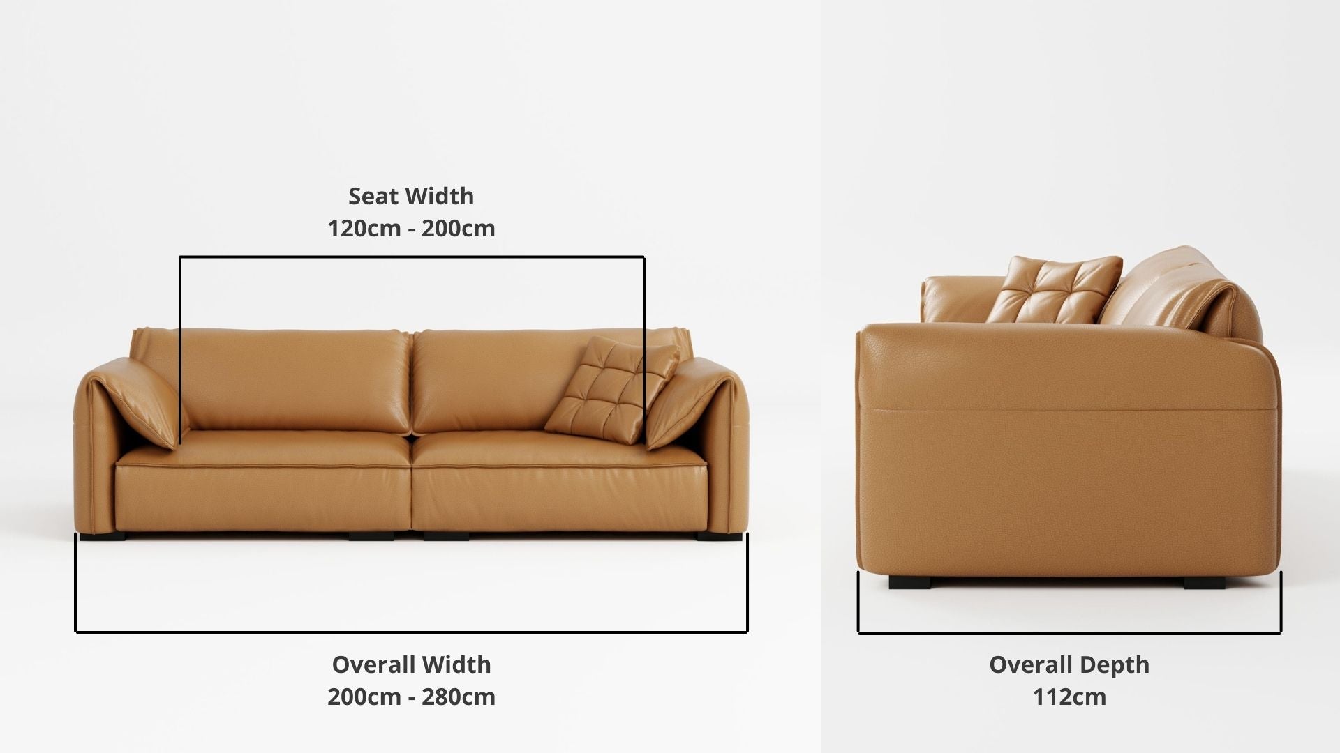 Details the key dimensions in terms of overall width, overall depth and seat width for Comfy Half Leather Sofa