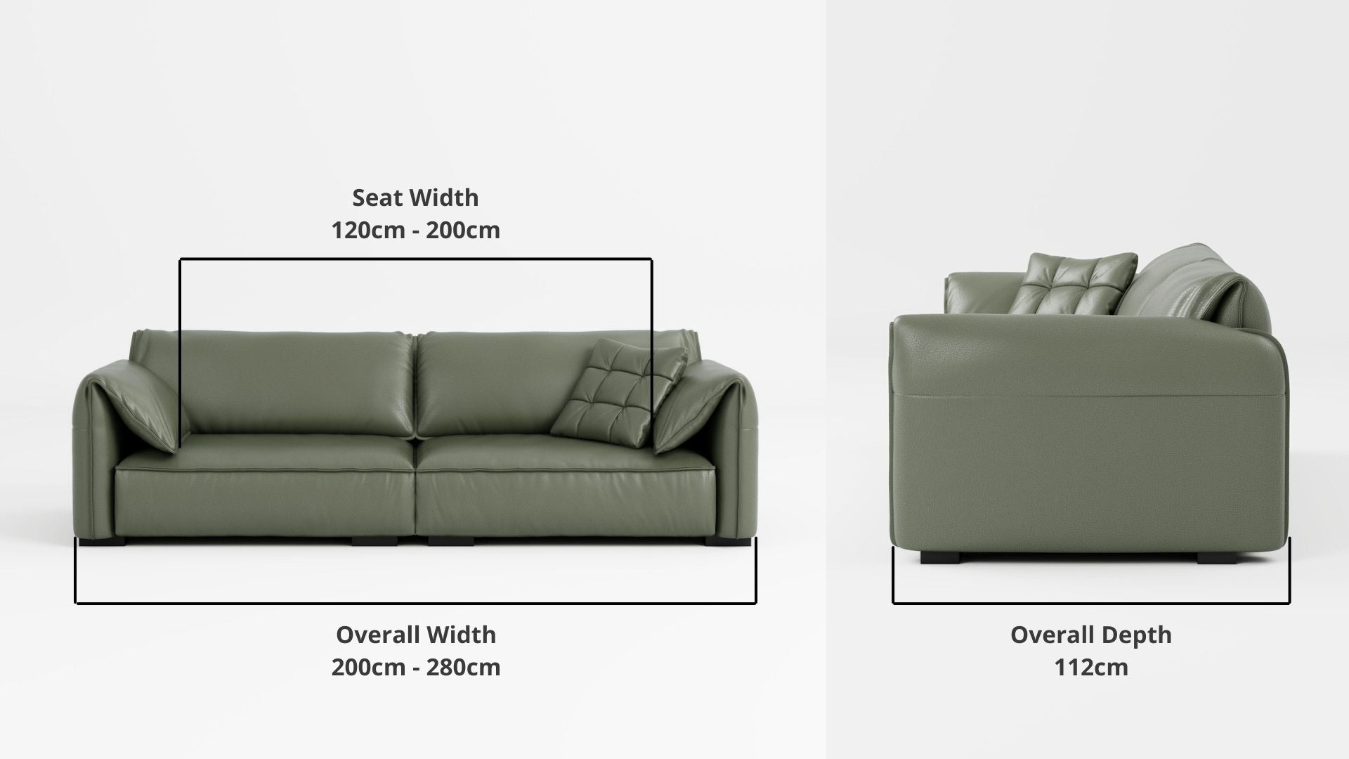 Details the key dimensions in terms of overall width, overall depth and seat width for Comfy Full Leather Sofa