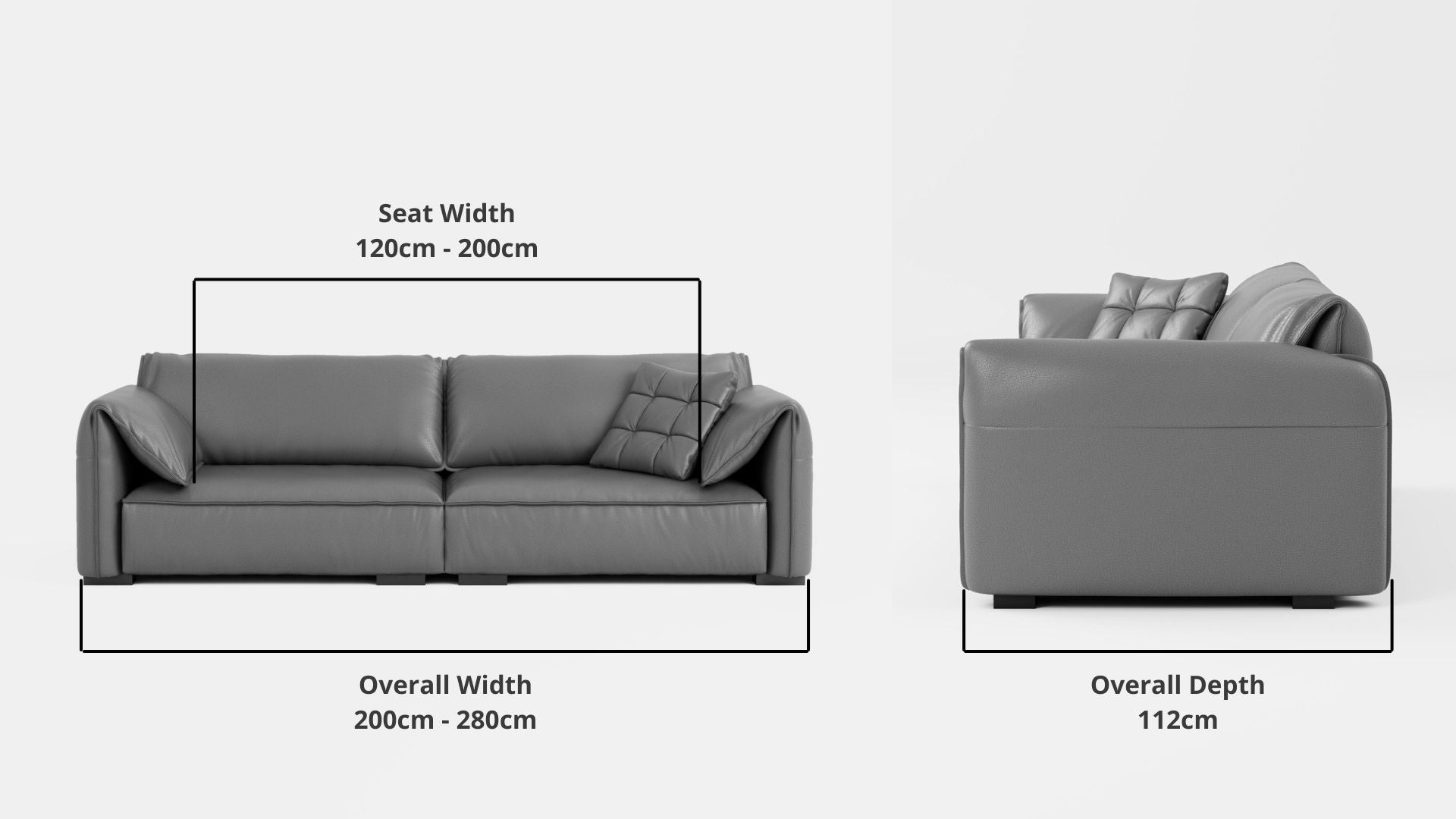Details the key dimensions in terms of overall width, overall depth and seat width for Comfy Full Leather Sofa