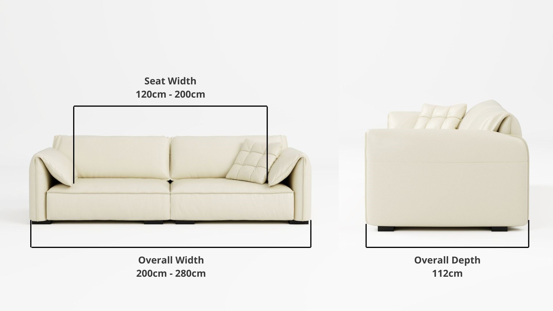 Details the key dimensions in terms of overall width, overall depth and seat width for Comfy Half Leather Sofa